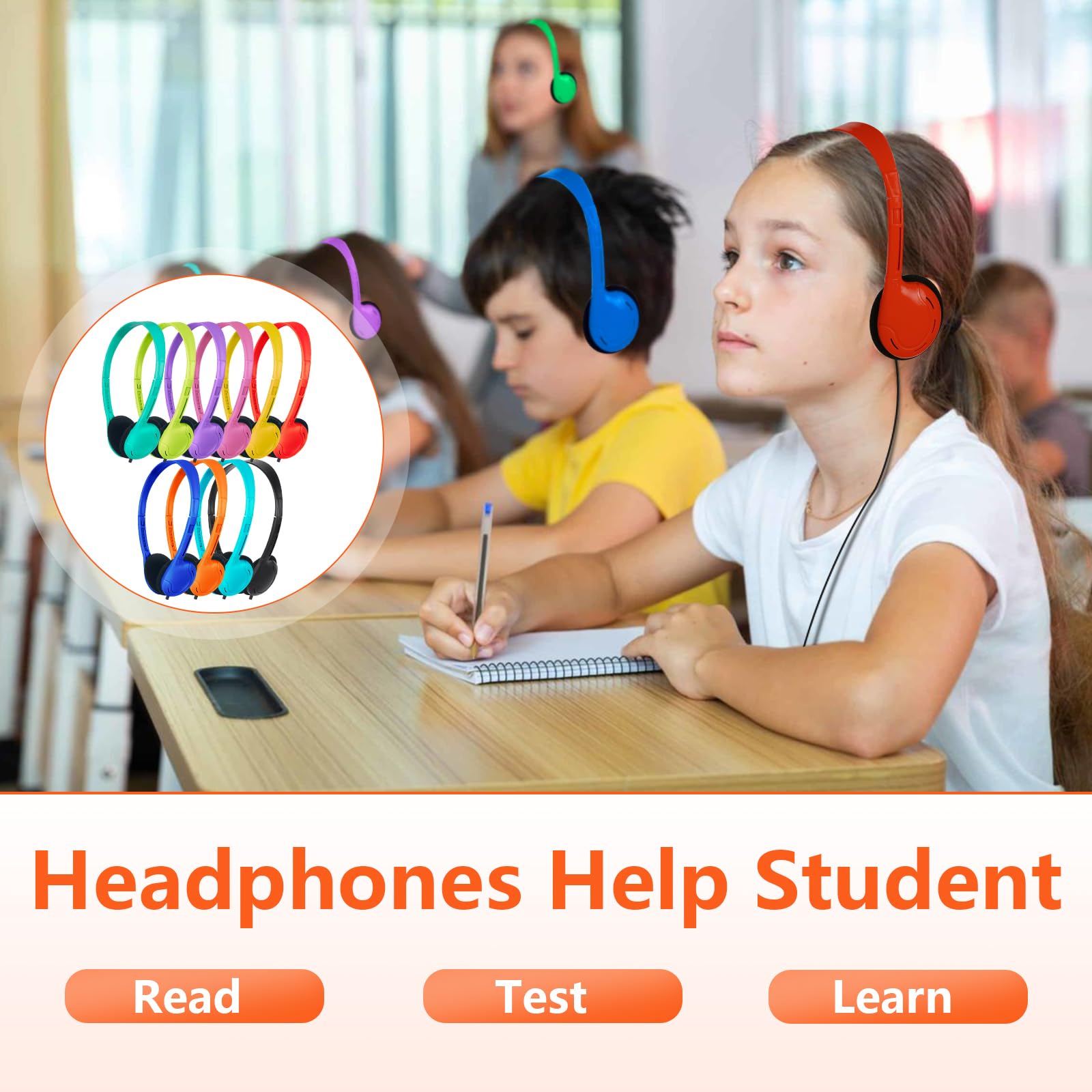 Cuffie per bambini, per scuola, classe, confezione da 100 pezzi, durevoli, per bambini, studenti, ragazzi, ragazze, audio HD, jack da 3,5 mm (colori misti)