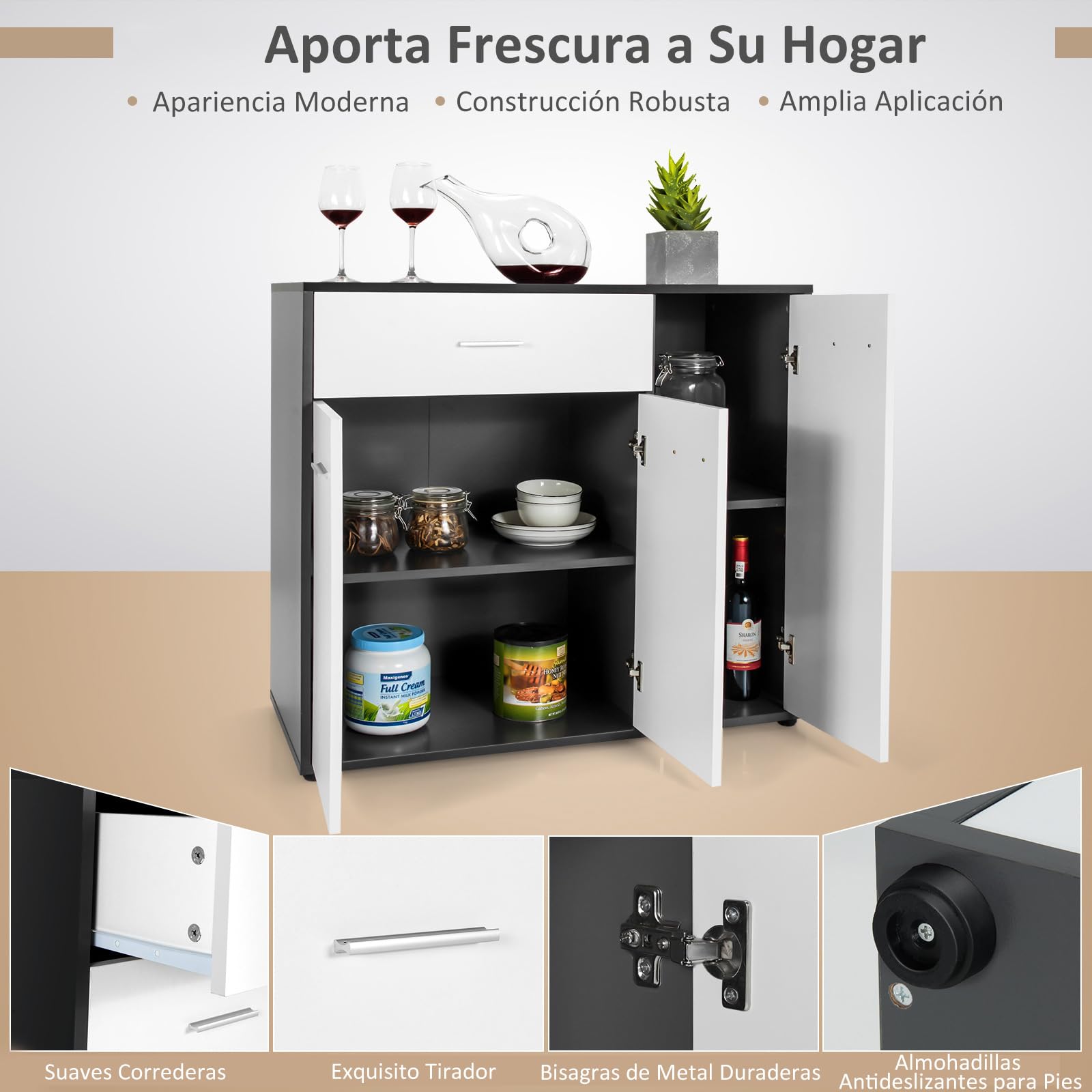 COSTWAY Aparador Cocina Buffet Moderno, Armario de Piso de Cocina con Dispositivo Antivuelco y Estante Ajustable, Gabinete de Almacenamiento Lateral de 3 Puertas para Comedor Entrada (88x40x80cm)