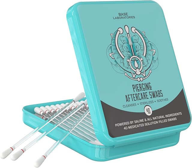 Base Labs Piercing Aftercare Swabs for Piercing Bump Treatment | Earring Cleaner for Pierced Ears, Nose Piercing Aftercare | Keloid Bump Removal | 40 Saline Cleaning Solution Buds