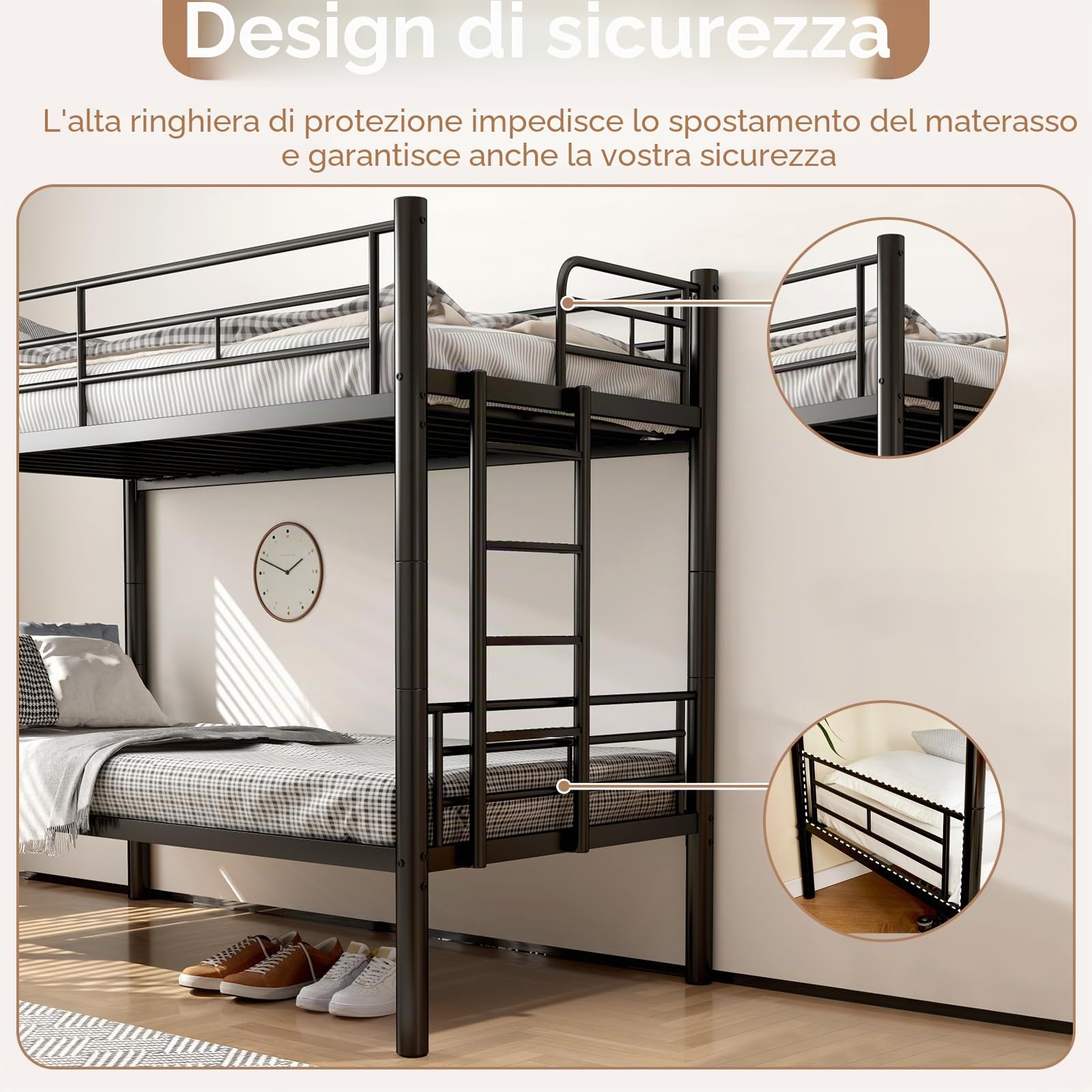 Letto a Castello per Adulti 90 X 200cm, Letto a Castello per Bambini con Scaletta & Ringhiera di Sicurezza, Trasformabile in Due Letti Singoli, Letti a Soppalco Metallo con Rete a Doghe (Nero)