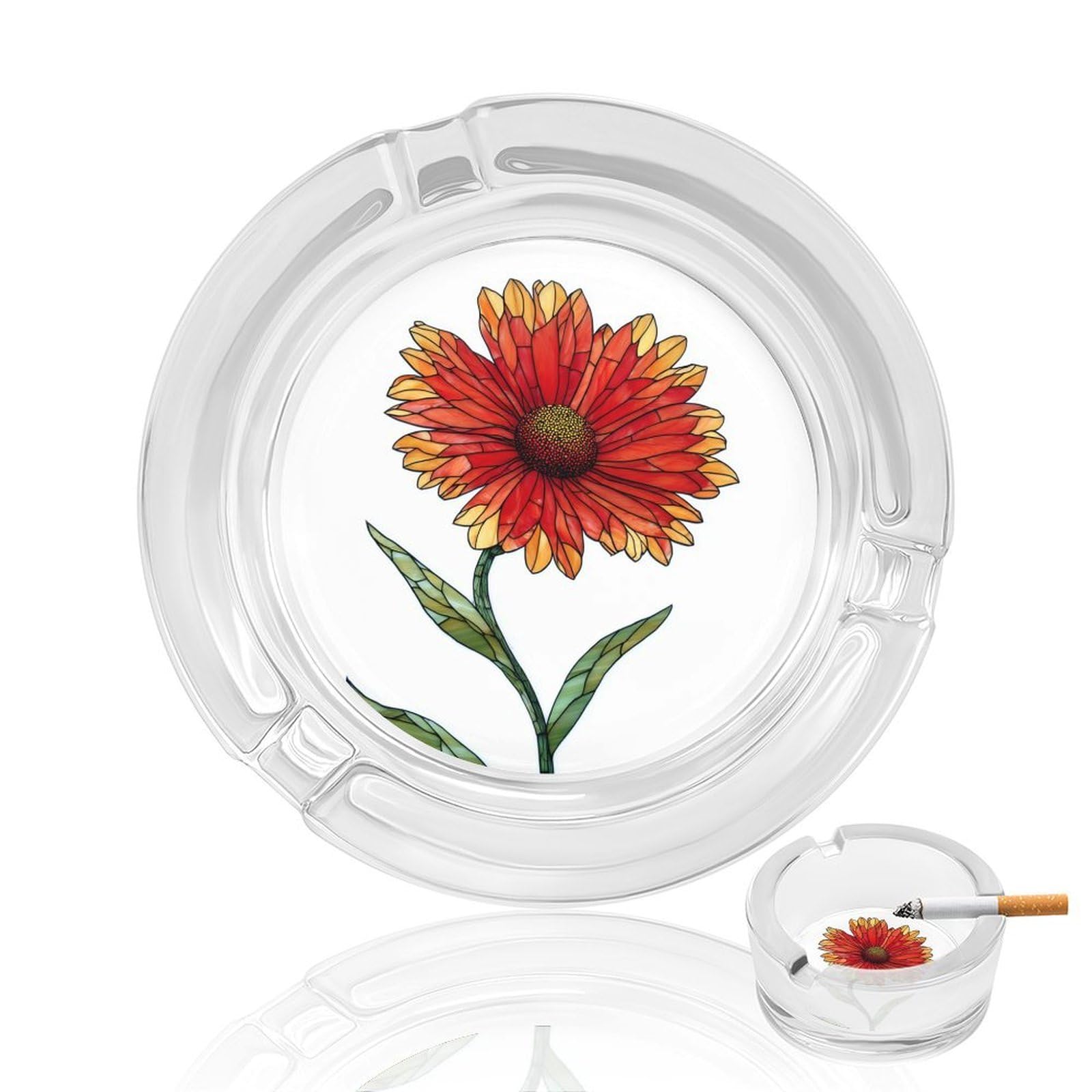 Stained Glass Indian Red Wildflower Glass Ashtray for Cigarettes Portable Decorative Ash Trays for Home Office Decor