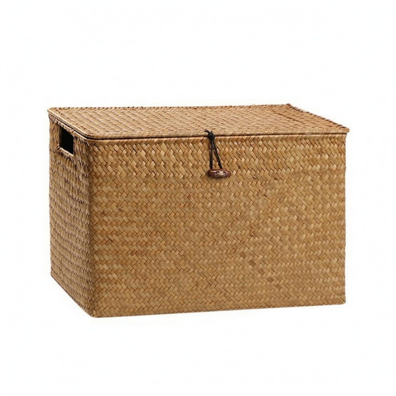Kunststoffbox mit Grifföffnungen stabil geflochtene Aufbewahrungsbox leicht zu reinigen Korbbox mit Deckel für Arbeitszimmer, Hellbraun, 44 30 28/29cm