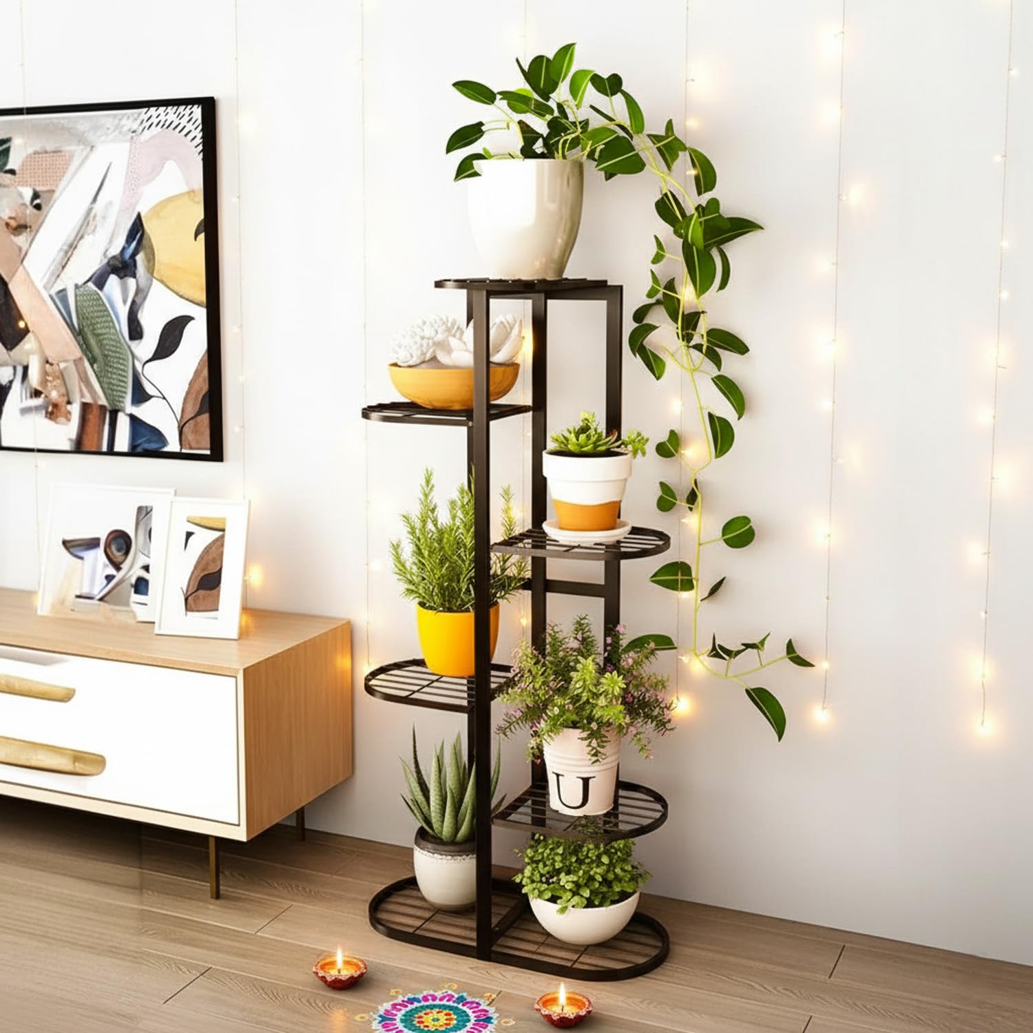 WonderStand MURRANO Multi-Tiered Plant Stand for Balcony (Black) | Planter Stand for Living Room 7 Pot Holders (Easy to assemble, installation kit included) - Image 3 thumbnail