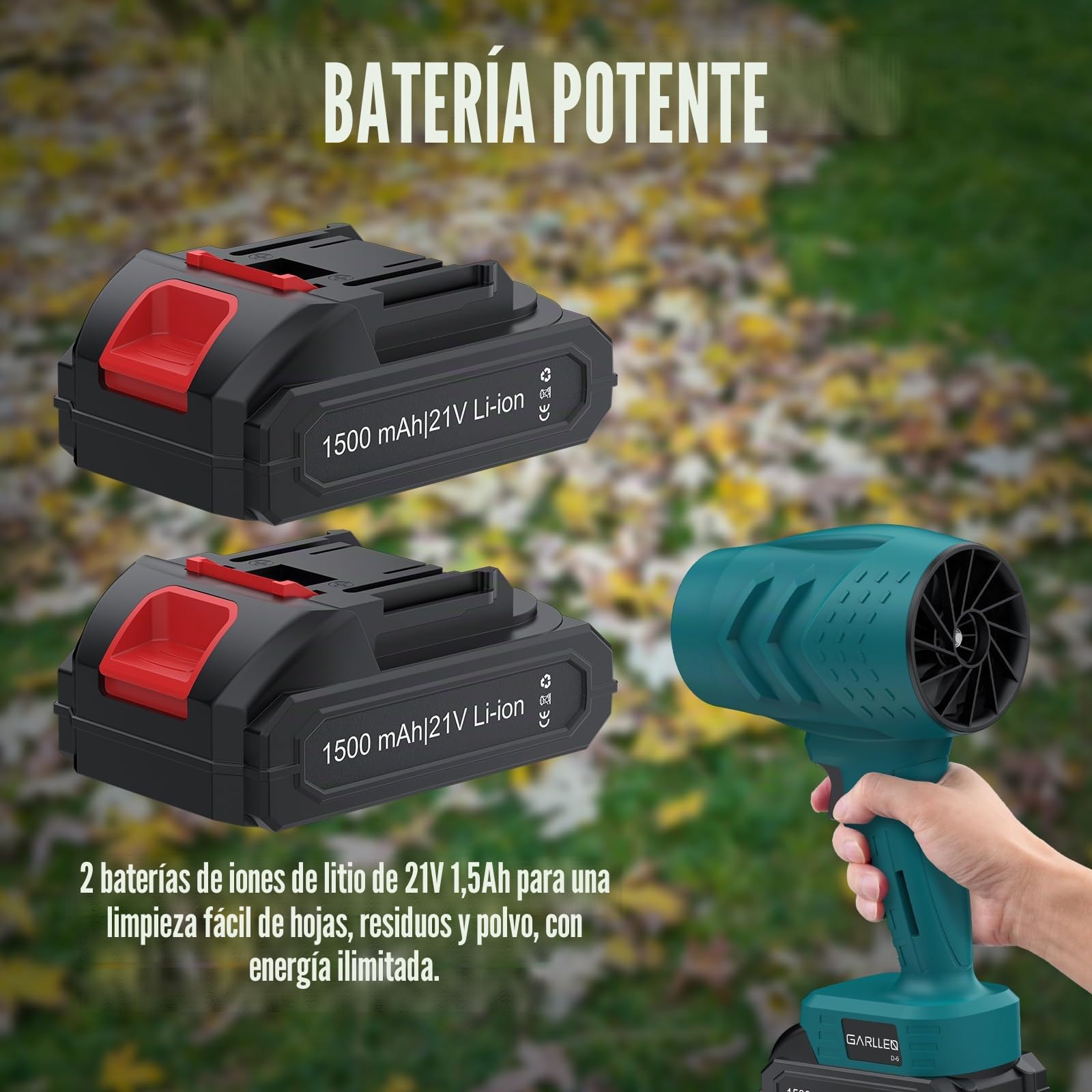 GARLLEN Soplador de Hojas Inalámbrico 21V, Motor de Cobre Puro 35000 RPM, Velocidad del Viento Ajustable Libre, 2 Baterías 1,5Ah con Cargador Rápido Ideal para Jardín, Terraza, Coche, Camping