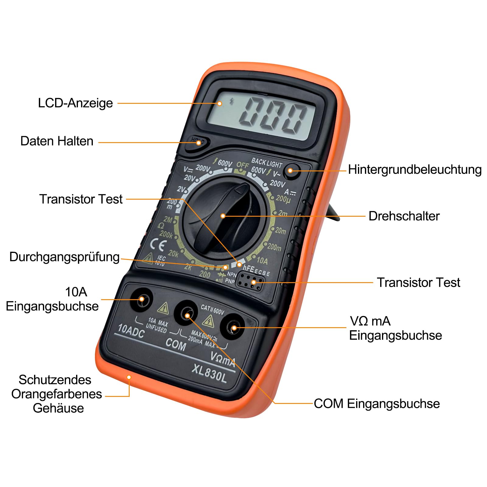 WinGluge Multimetro Digitale, Amperometro Voltmetro Ohmmetro Professionale, 2000Conti Tester Digitale, con LCD Retroilluminato, per Misura Tensione AC/DC, Resistenza, Continuità, Diodi