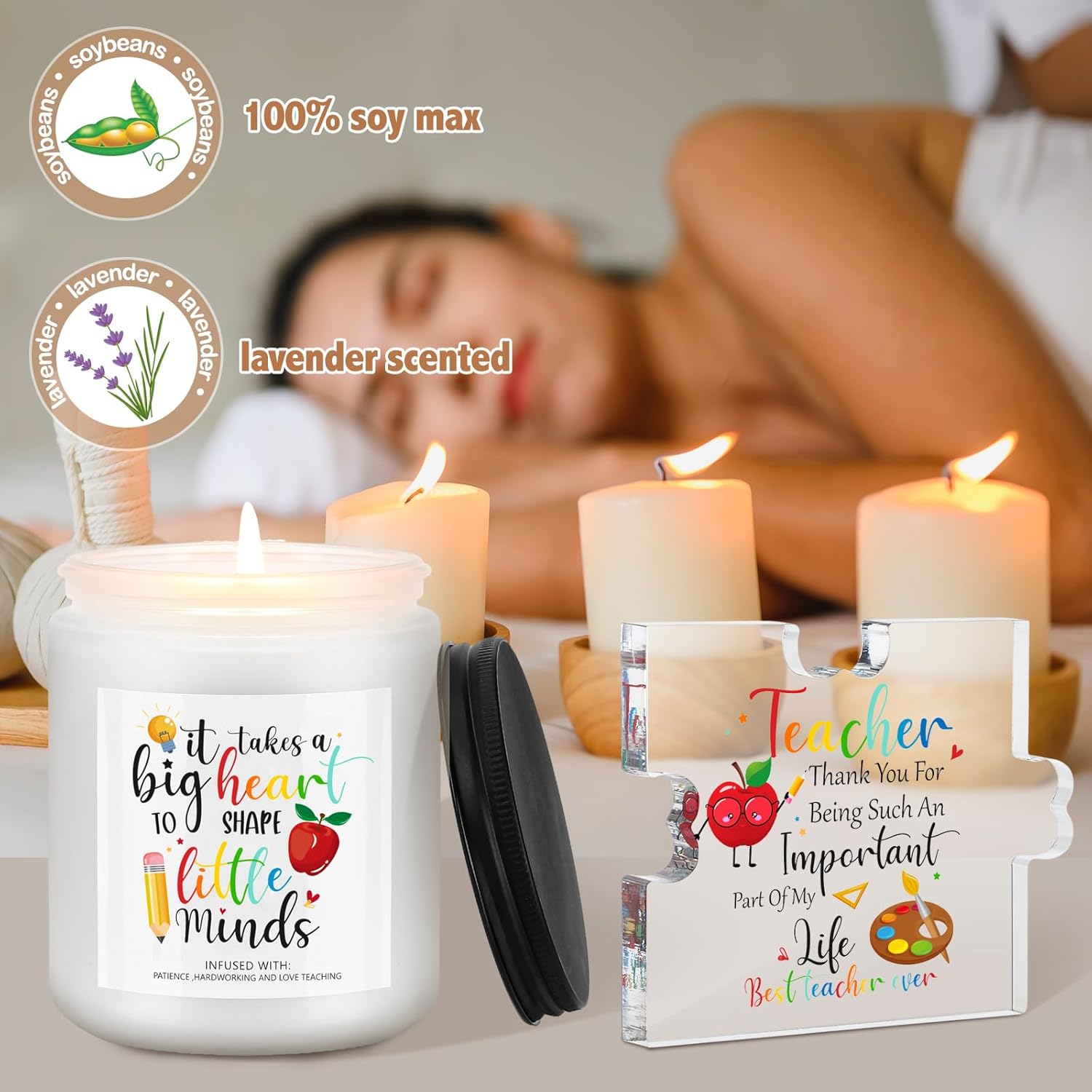 Teacher Appreciation Gift Set Thank You Teacher Gift Basket from Student for End of Year Include Tote Bag Makeup Bag Piece of Puzzle Lavender Scented Candle 16 oz Glass with Lid Straw and Brush