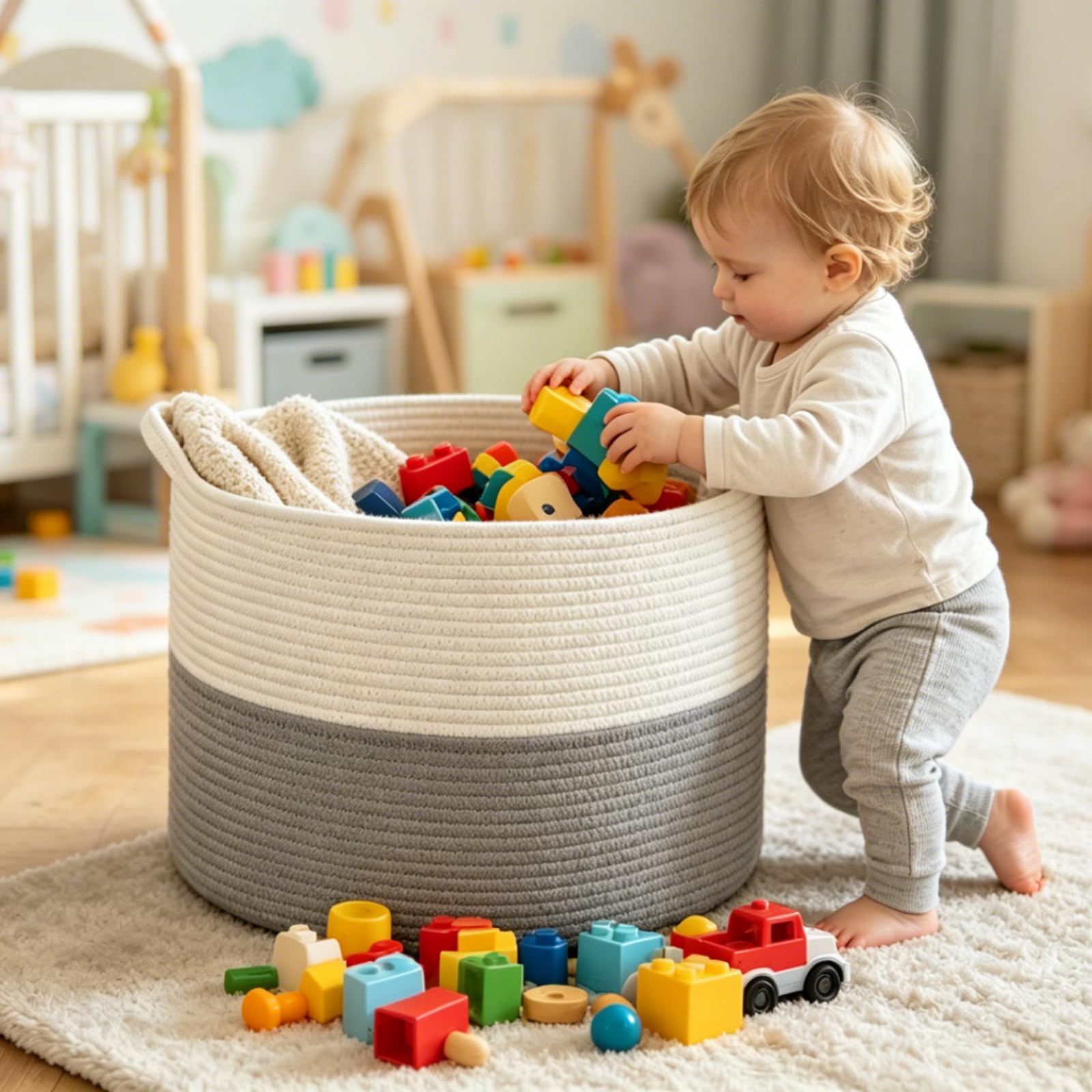 Maliton Cesto Portabiancheria Extra Grande, 50 x 30 cm Cesto Biancheria Sporca con Manici, Cesta Giochi Bambini per Salotto, Bagno, Coperte(Bianco Grigio)