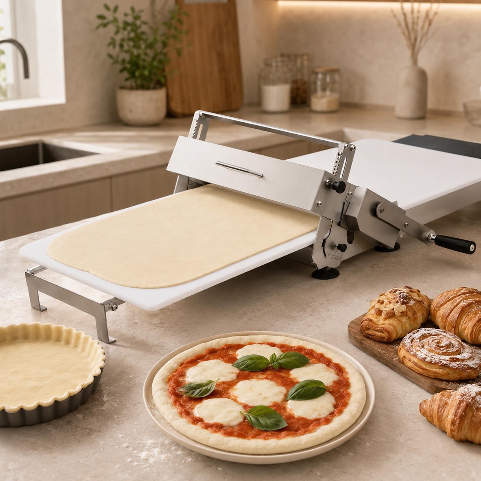 Teigausrollmaschine Edelstahl Gewerbliche/Heim, Manuelle Faltbare Ausrollmaschine Mit 0-25mm Einstellbarer Dicke FüR BläTterteig, Fondant, Pizza, Croissants Und Konditoreien Modell300