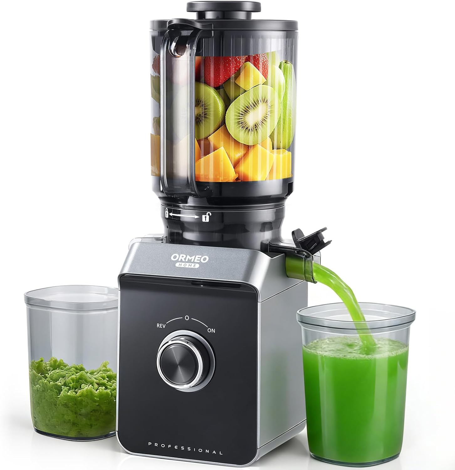 Cold Press Juicer, ORMEO HOME Masticating Juicer Machines with 5.5" Large Feed Chute Fit Whole Vegetables & Fruits, with Pulp Seperation 99.6% Juice Purity, Quiet Motor Easy to Clean BPA Free