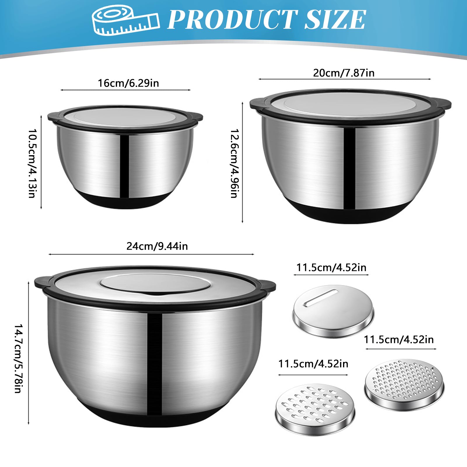 3Pcs Rührschüssel Mit Deckel,1.5L/2.5L/4.5L Edelstahl Schüssel Mit Deckel,Edelstahl Schüssel Salatschüssel Set Mit Deckel & Silikonboden & 3 Reibenaufsätzen,Salatschüssel Mit Deckel Groß (A)