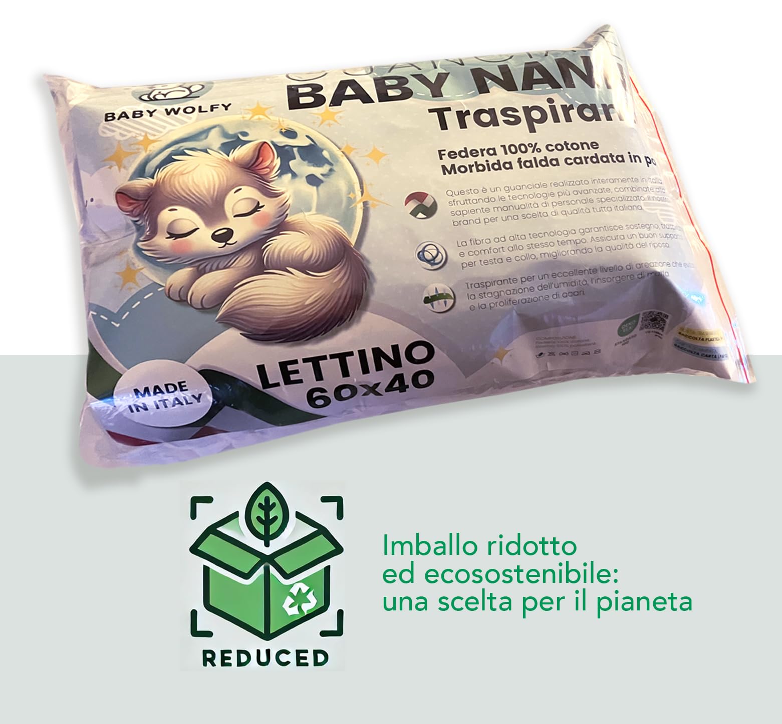 BABY WOLFY-Cuscino Lettino Bambino 40x60cm certificato OEKO-TEX® 1 2 3 4 anni 100% Cotone Antiacaro Anallergico Traspirante Morbido per Letto Culla Passeggino Asilo Nido Made in Italy