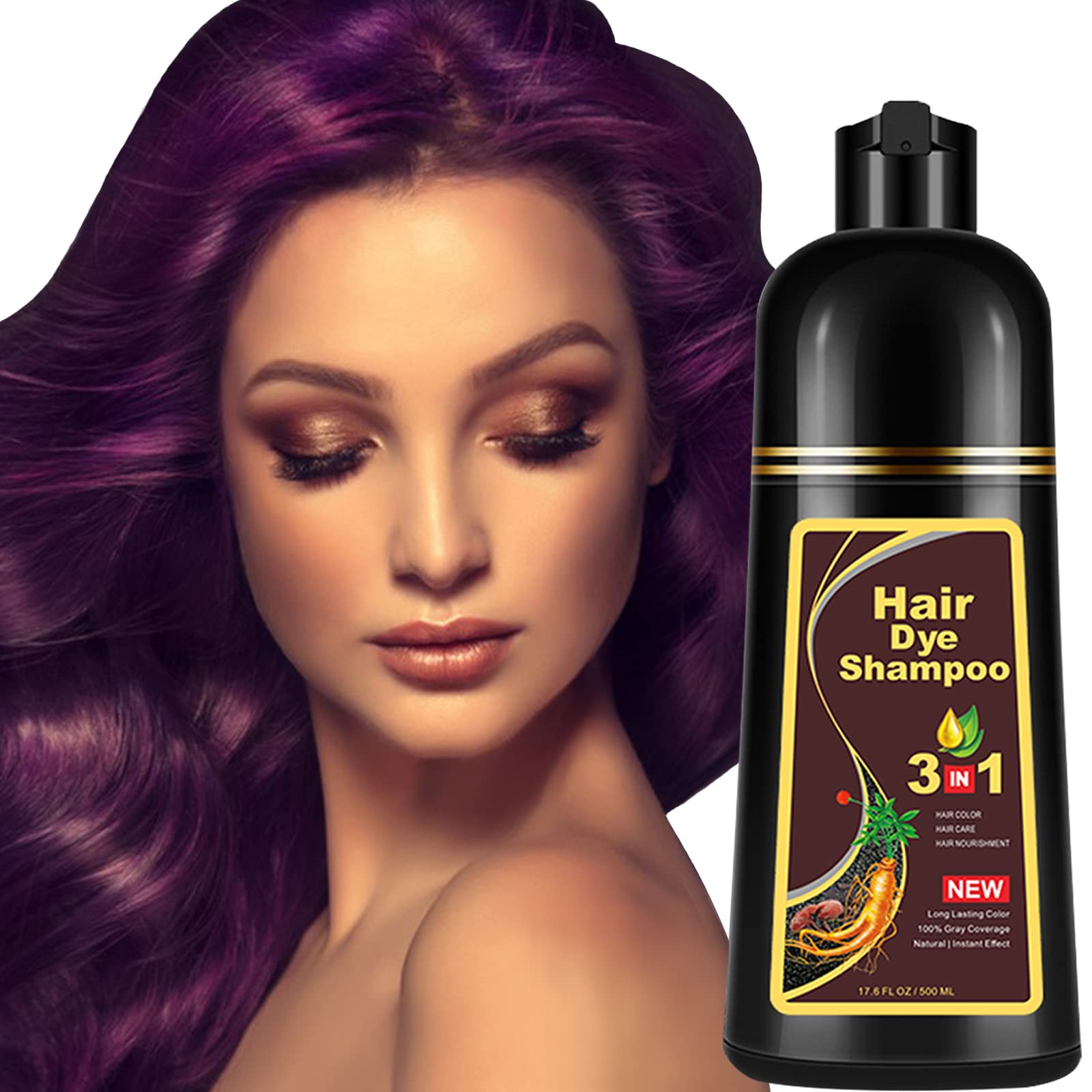 Instant Long-Lasting Purple Color Shampoo for Women and Men - Herbal 3-in-1 Hair Dye, 16.90 Fl Oz (Purple)