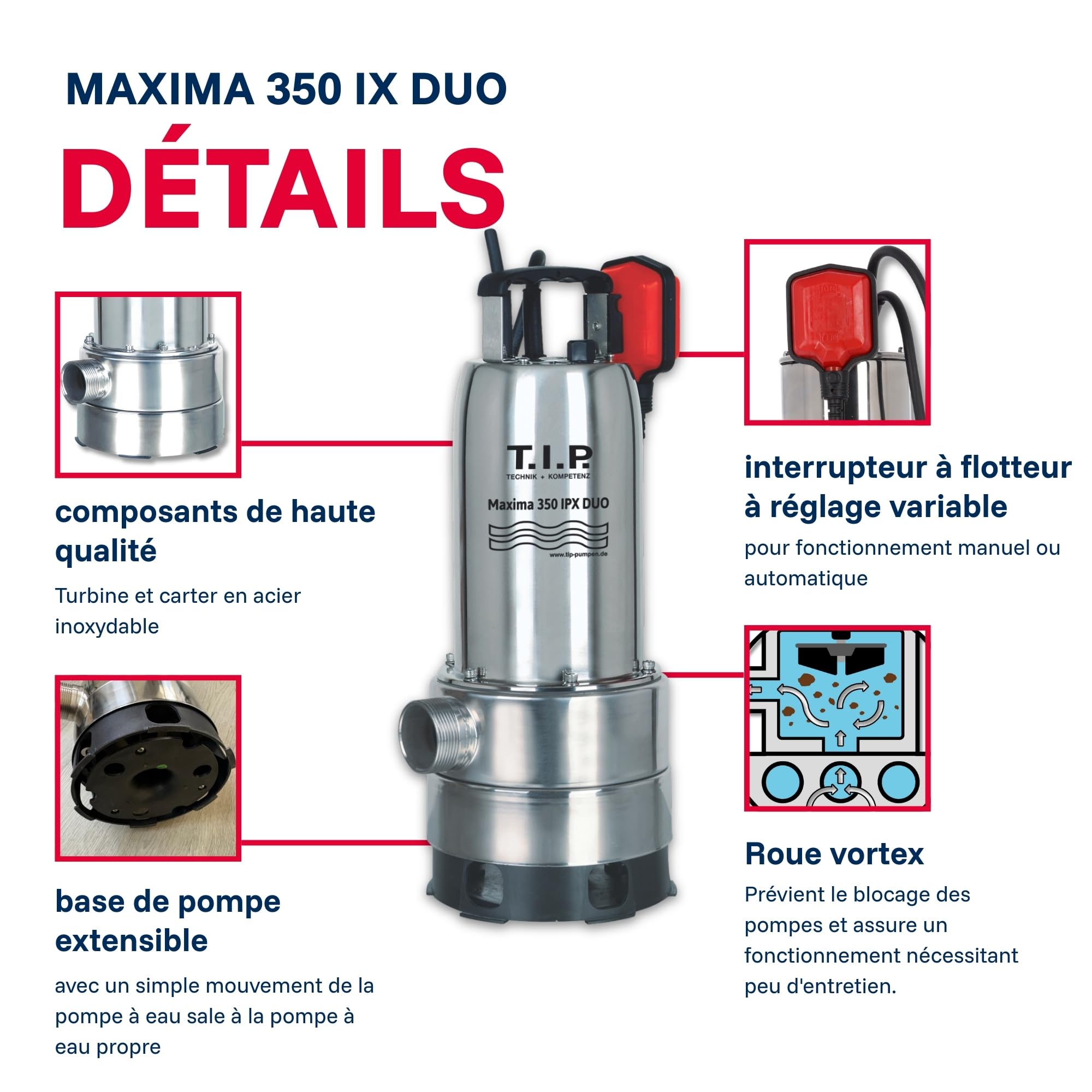 T.I.P. Maxima 350 IPX Pompe Submersible pour Eaux Usées en Acier Inoxidable avec Pied Extensible et Poignée Débit 20000 l/h Hauteur de Refoulement 8 m Puissance nominale 800 Watts Couleur Argent