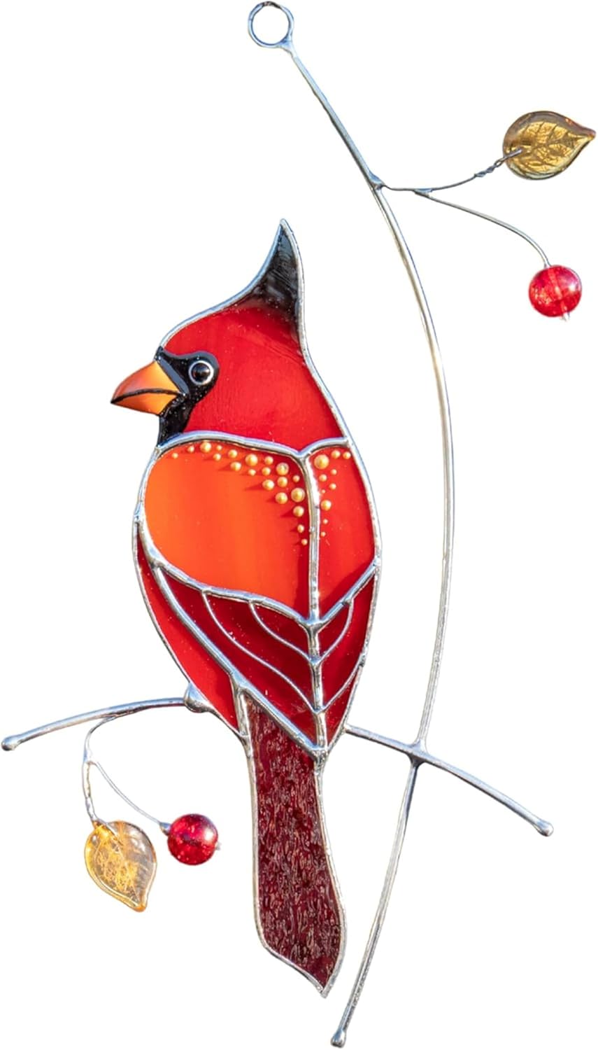 Hummingbird Cardinal Birds Stained Glass Suncatcher Genuine Stained Glass Window Hangings Unique Indoor Ornament & Outdoor Decor (Golden Cardinal)