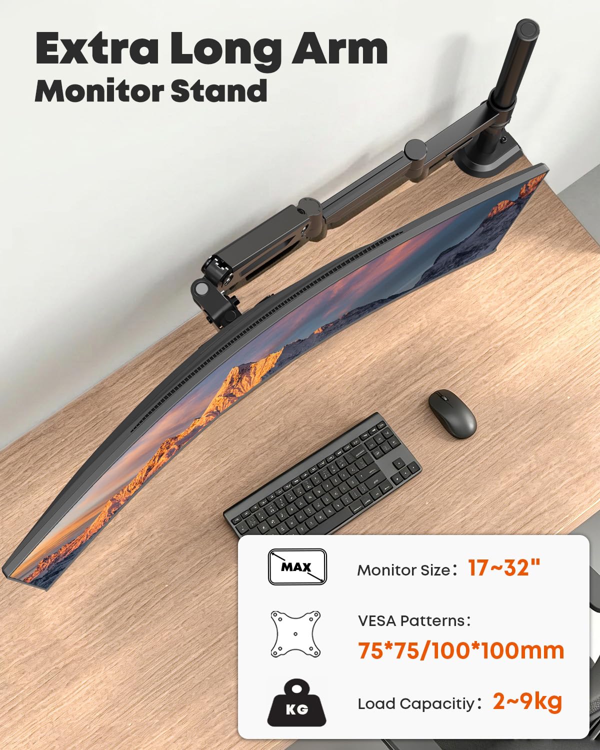PUTORSEN Soporte para Monitor de Mesa de 17 a 32 Pulgadas, Brazo extralargo de 669 mm, Brazo Ajustable para Monitor Individual de hasta 9 kg, VESA 75/100 mm