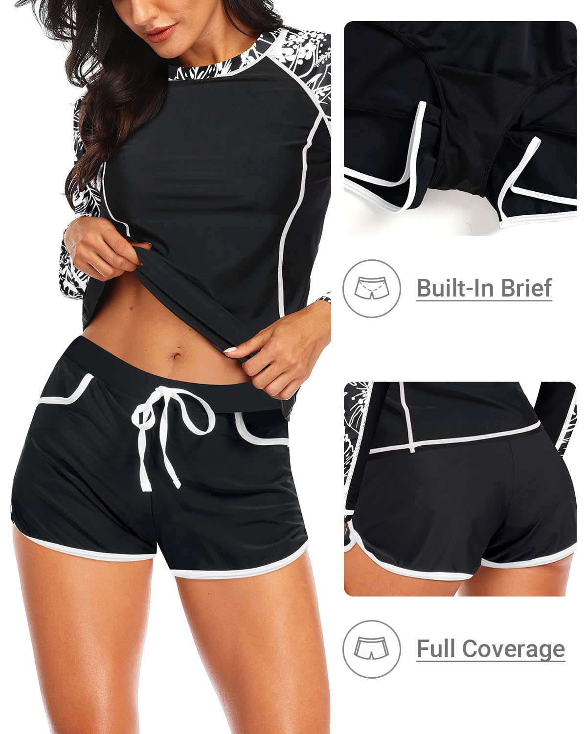 Camiseta de manga larga para mujer, traje de baño de 2 piezas con brasier integrado, camisa de natación y pantalones cortos con bolsillos