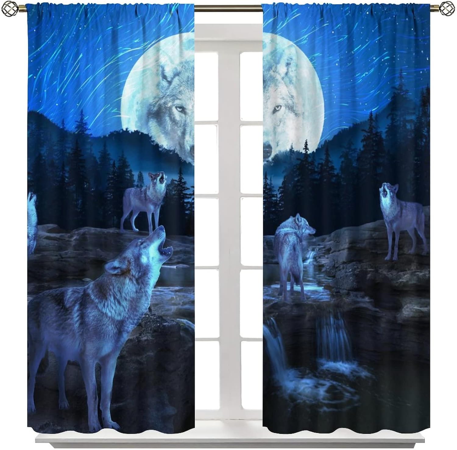 Fantasy Galaxy Full Moon Wolf Rod Pocket Blackout Curtains - Abstract Forest Night Howling Wolf Window Curtain Set Energy Saving Thermal Insulated Drapes for Living Room 2 Panels 63L x 21W