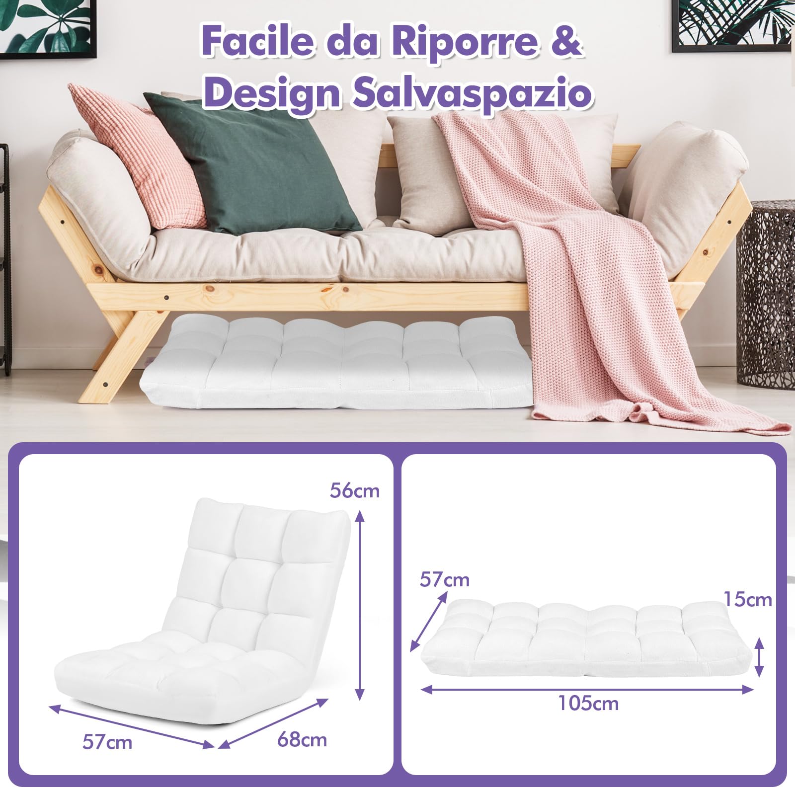 COSTWAY Sedia da Pavimento, Cuscino Imbottito da Terra con Schienale Regolabile a 14 Livelli, Poltrona Pieghevole Relax, Lettura, Yoga, per Soggiorno, Camera da Letto (Bianco, 68 x 57 x 56 cm)