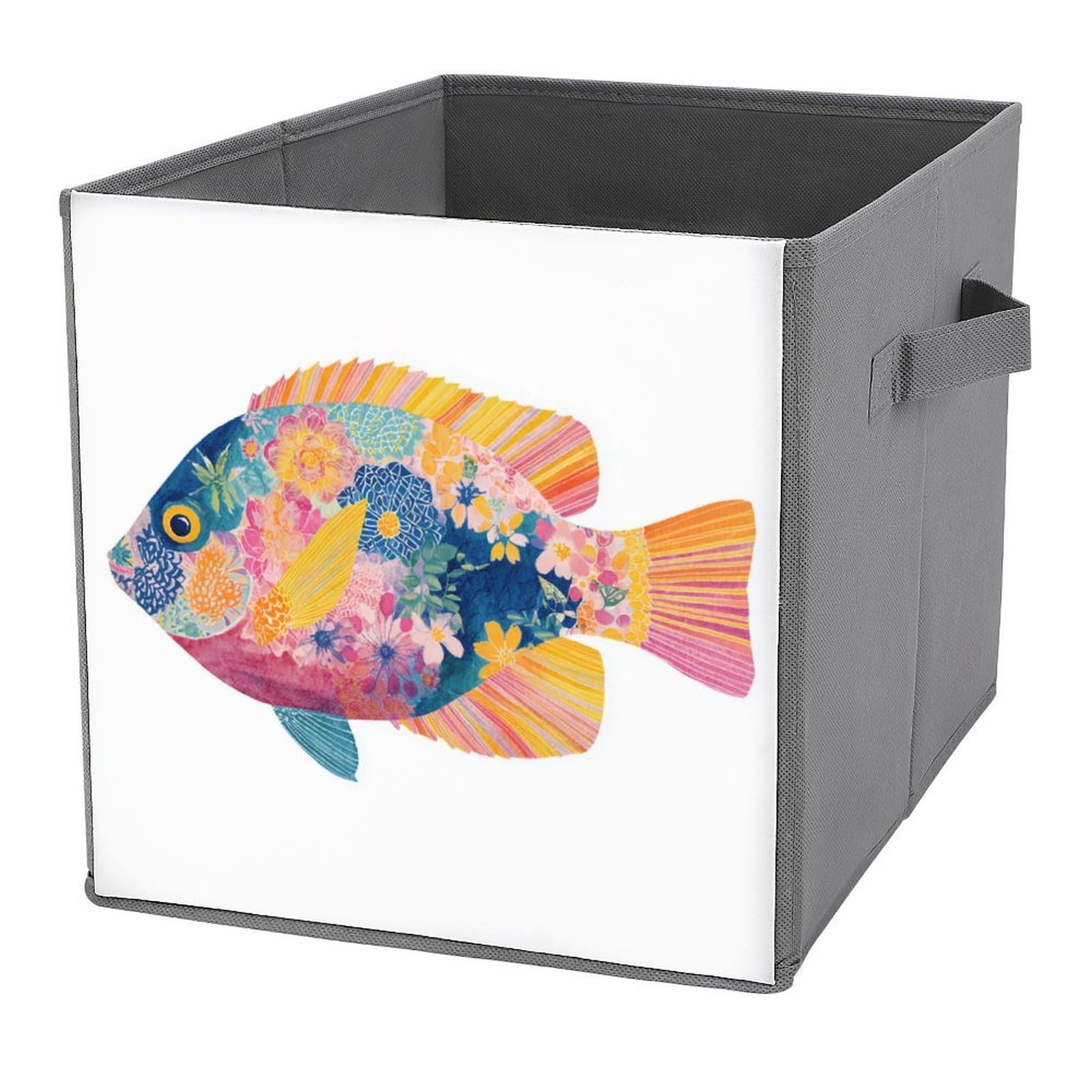 Jubonexis Preppy Trendy Fish Floral Pattern Cube Storage Bins Storage Cubes Foldable Decorative Fabric Storage Baskets Home Organizers with Handles for Shelves,Closet, 27x27 CM