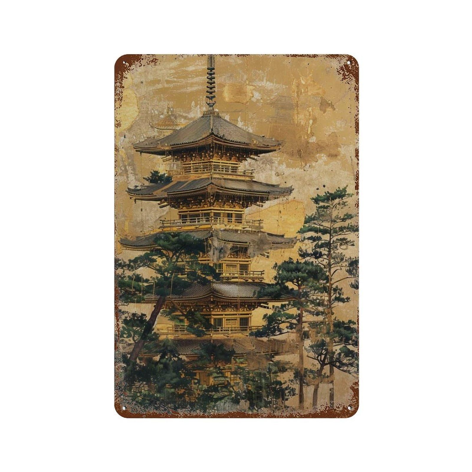 xiaoxiaoshen Japanese Pagoda Traditional Temple Gold Foil Style Asian Architecture Zen Japan Wall Decor Art Metal Tin Poster Modern Home Decor Art Home Bar Shop Decorations Vintage Sign 30x20cm
