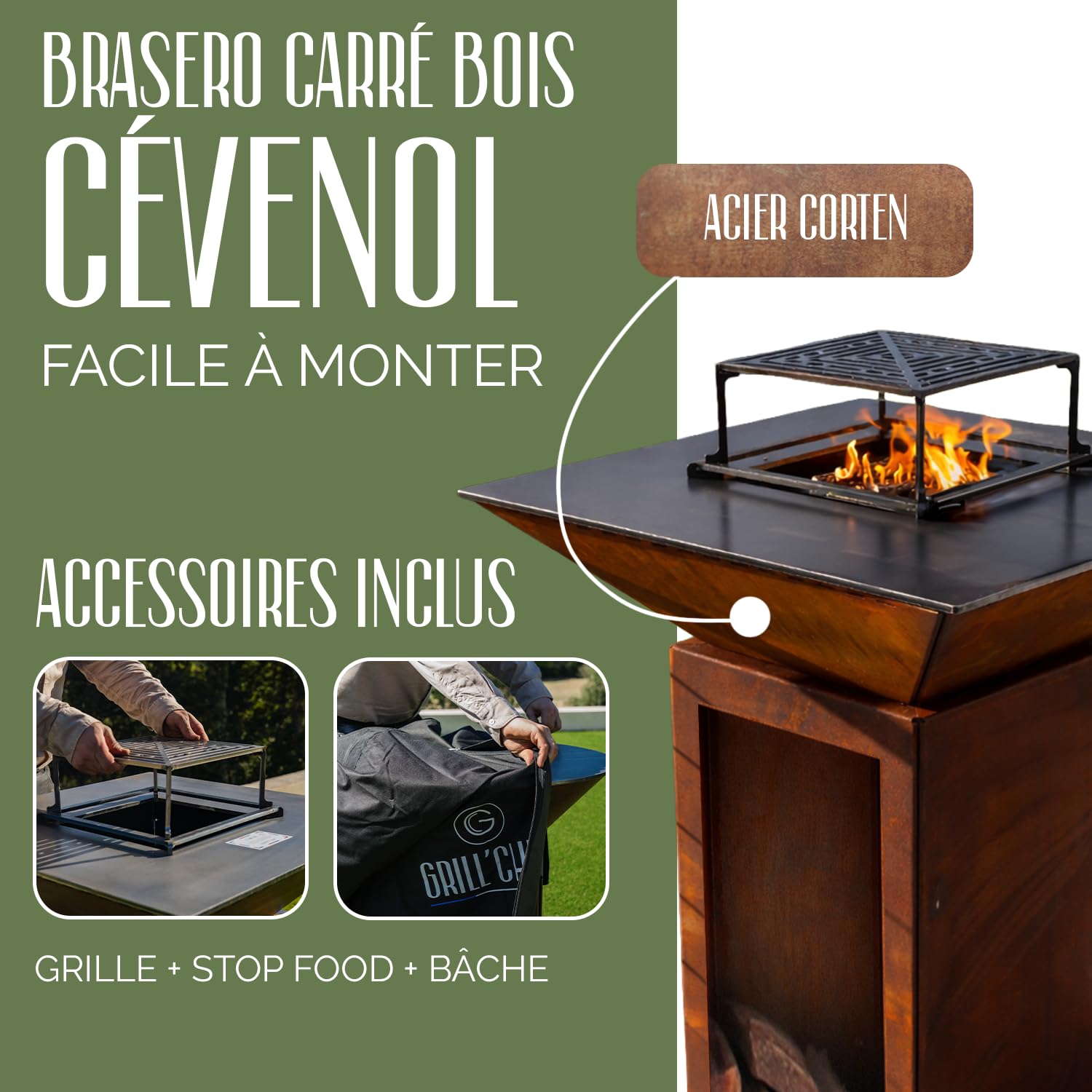 GRILL'CHIC - Pack Privilège Brasero Cévenol Corten Bois Carré - Simple Cuve - Avec Bâche + Grille + Stop Food Inclus - À Assembler - Fabriqué en France - 74 L x 74 P x 89 H cm