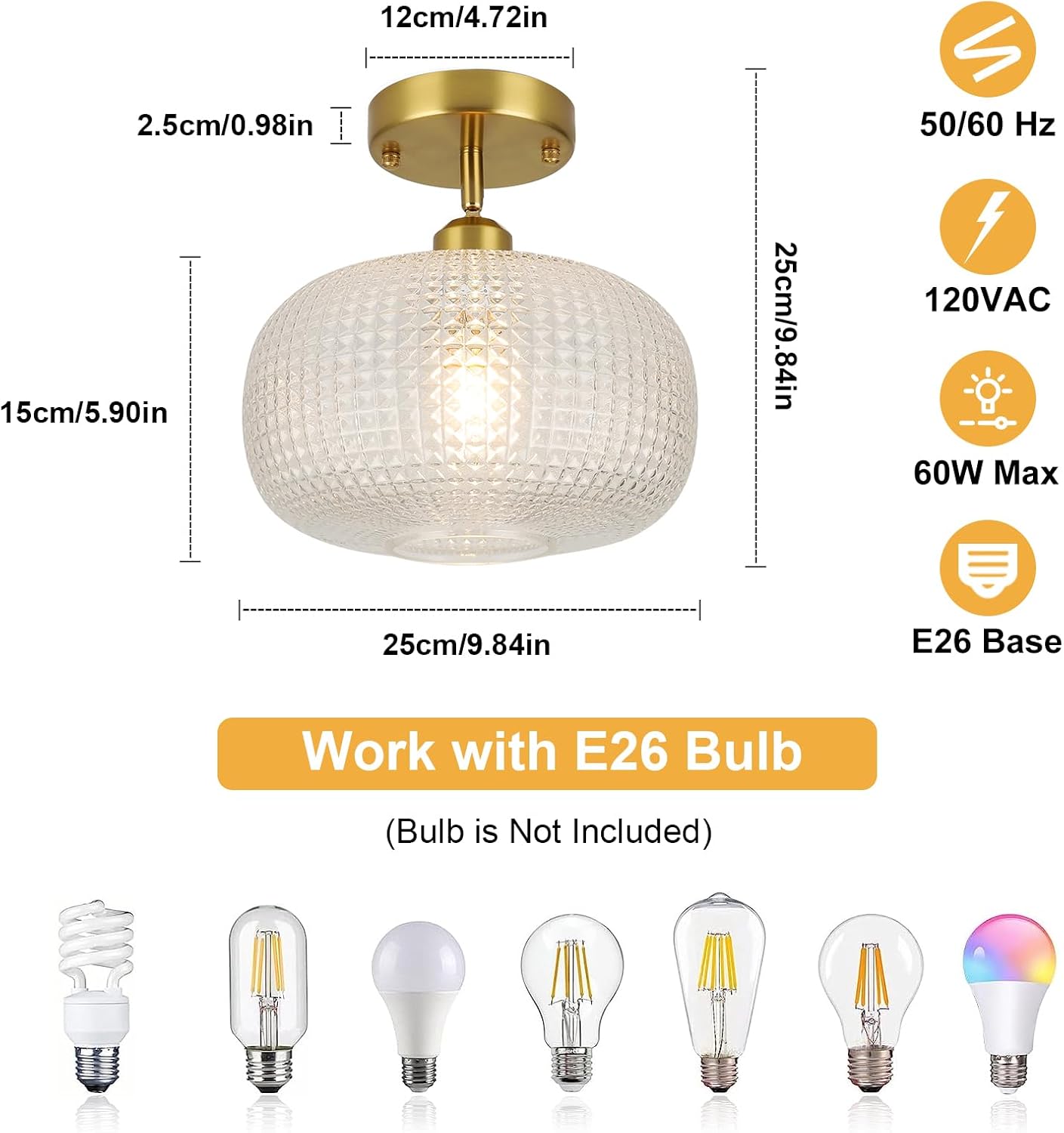 WILON Semi Flush Mount Ceiling Light Fixture, Brushed Brass Gold Light Fixture with Globe Glass Shade, Modern Vintage Ceiling Lamp for Bathroom Hallway Entryway Bedroom Nursery Laundry Room Kitchen