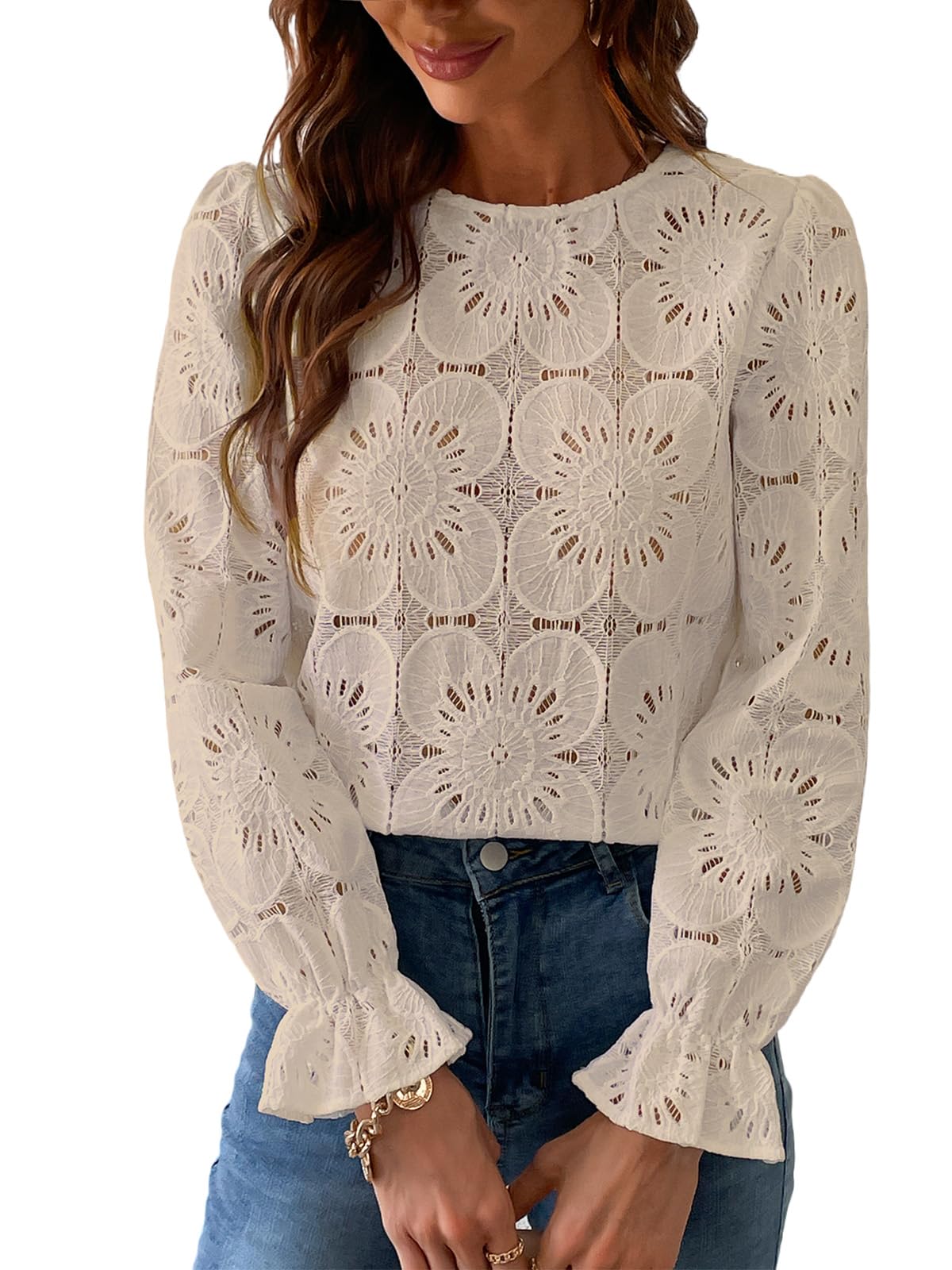 CUPSHE - Camicetta da donna con scollo rotondo e maniche lunghe, con ricami floreali traforati e polsini elastici, camicia elegante