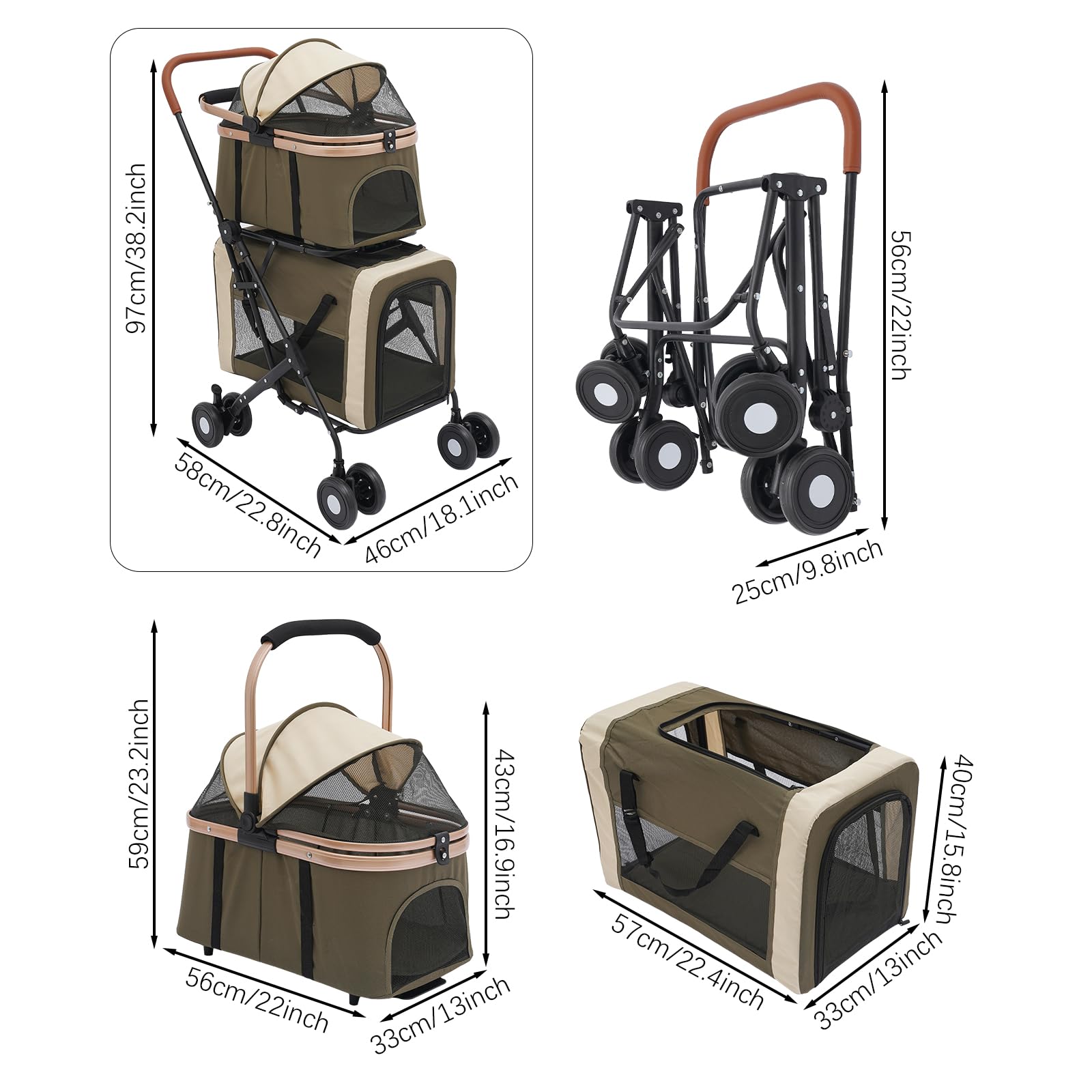 Passeggino per cani 3 in 1, 2 ripiani, con finestre a rete, tasche e imbottiture, Oxford e metallo, passeggino per animali domestici fino a 35 kg, pieghevole, per cani, gatti, animali domestici (verde