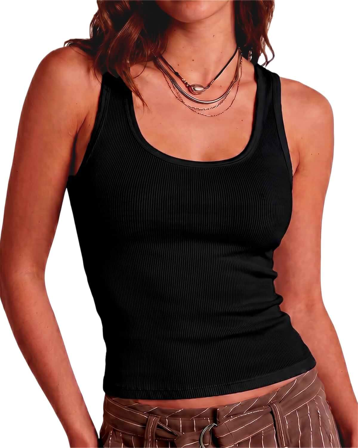 CYVESOULA Women's Scoop Neck Sleeveless Ribbed Fitted Casual Tank Tops Soft Breathable Stretchy Rib Slim Fit Comfy Top for Summer Basic Layering Workout & Daily Wear