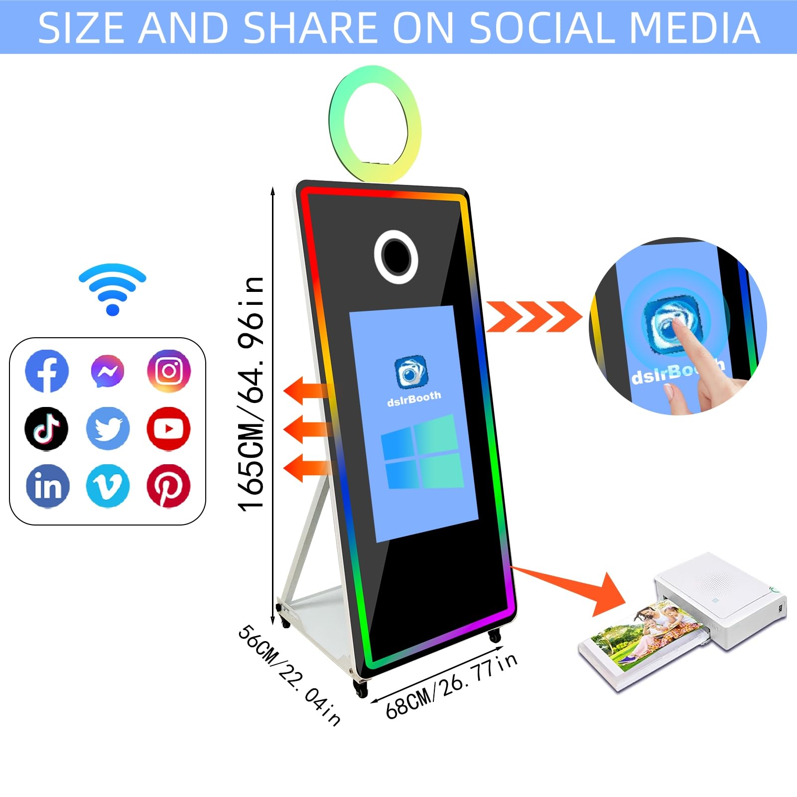Magic Mirror Photo Booth z ekranem dotykowym 81.3 cm, ekran dotykowy z lustrzaną fotobudką z ramką LED i pierścieniem świetlnym RGB, 165 cm urządzenie do fotobudki do selfie na imprezy imprezowe (165