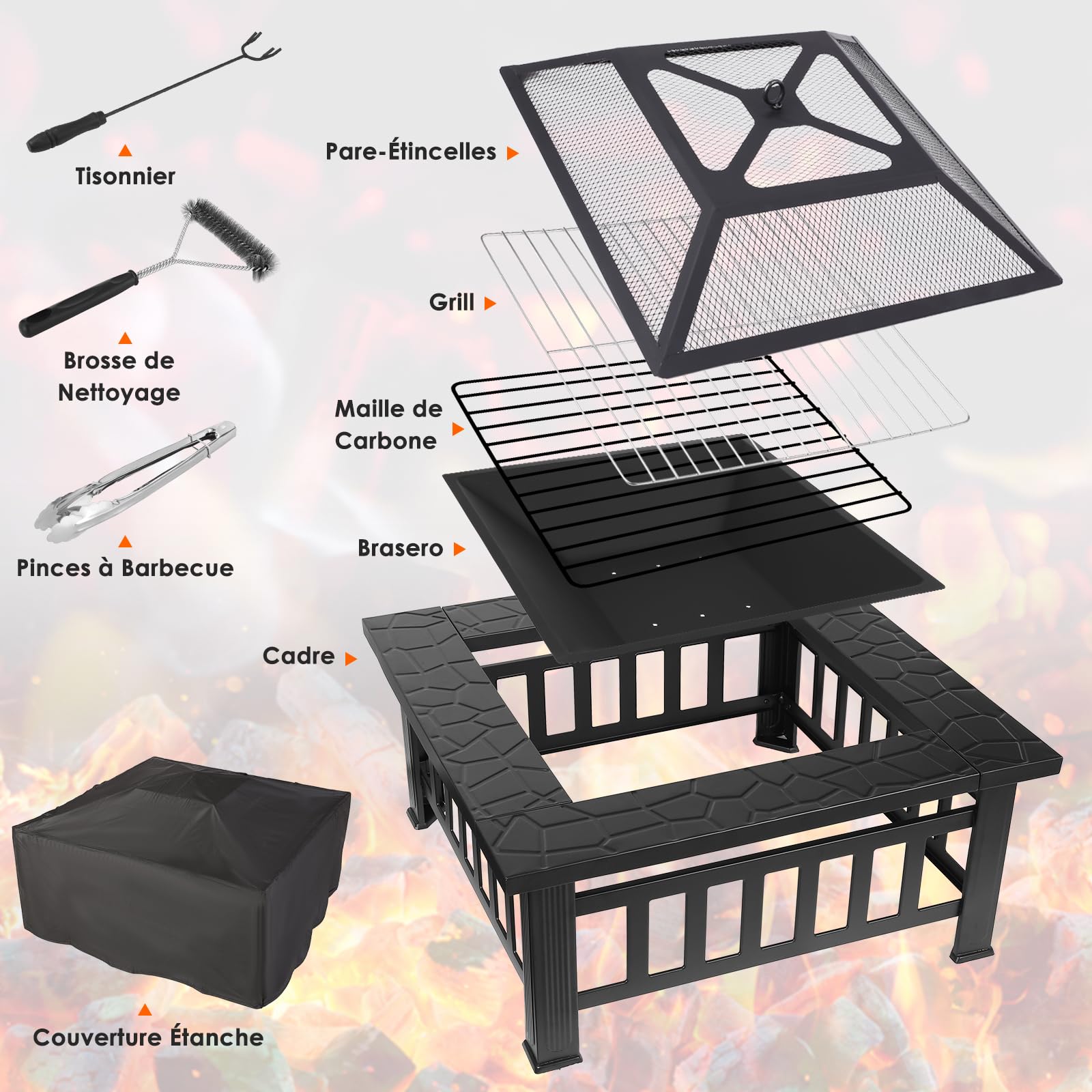 LIFERUN Brasero Exterieur Barbecue 81cm, Brasero de Jardin, Foyer Exterieur | 3 en 1 Chauffage de Terrasse avec Grille, Tisonnier, Pare-étincelles, Maille de Carbone, Pinces à Gril, Brosse, 4 pcs Pied