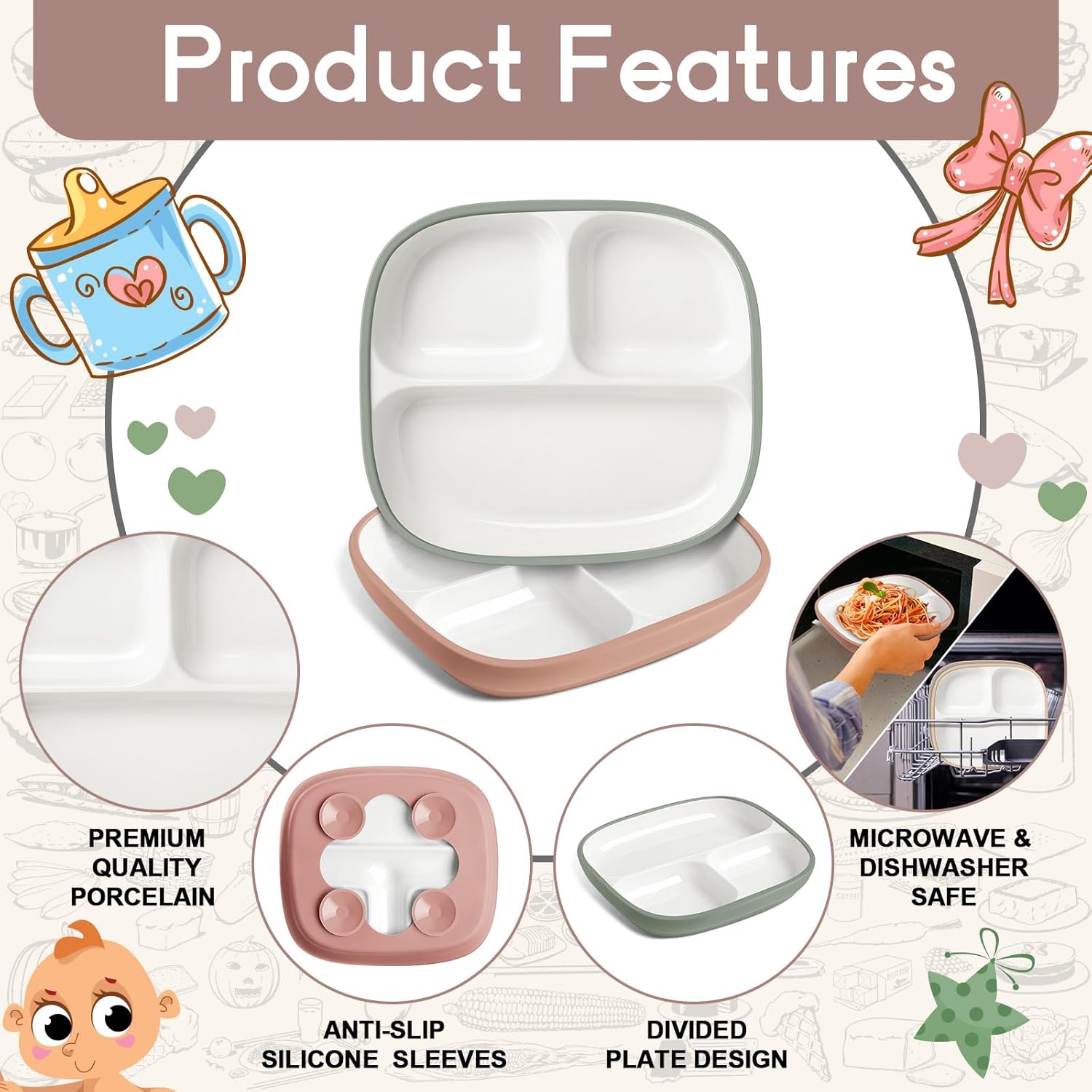 Domensi Kids Porcelain Plates with Silicone Sleeves 8.2 Inch Divided Porcelain Plate Toddler White Suction Dishes for Baby Troubleless Eating Microwave Dishwasher Safe(Vibrant,3 Set)