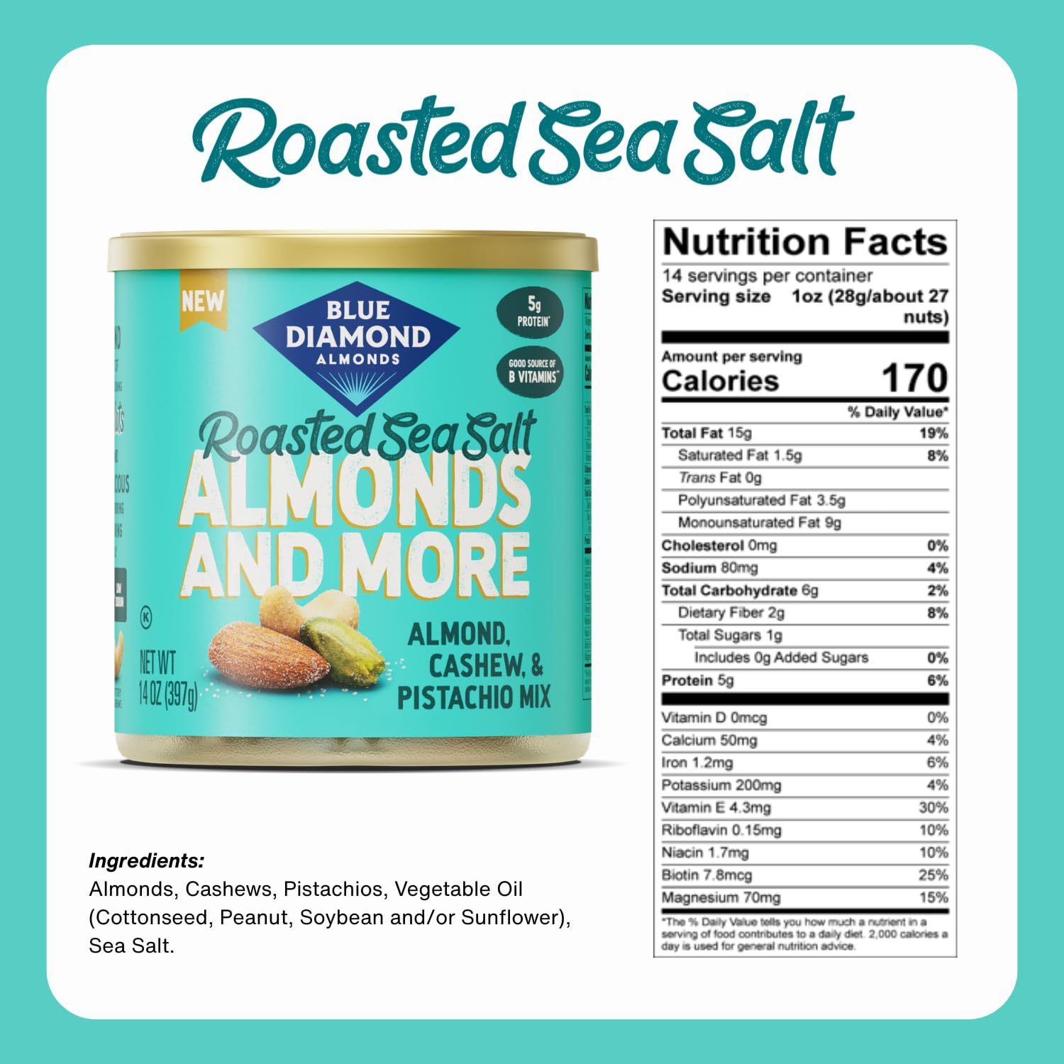 Blue Diamond Almonds, Gemischte Nüsse geröstetes Meersalz Deluxe Snack Nüsse, Mandeln, Pistazien und Cashewnüsse, 396.9 g Dose (1 Stück)