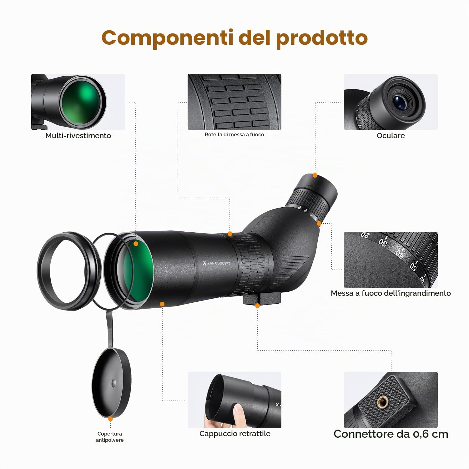 K&F CONCEPT Telescopio Monoculare 20-60x60 Impermeabile, Spotting Scope con Treppiede, Borsa Trasporto e Adattatore Smartphone, HD BAK4, Prisma FMC Cannocchiale per Osservazione Animali Selvaggi