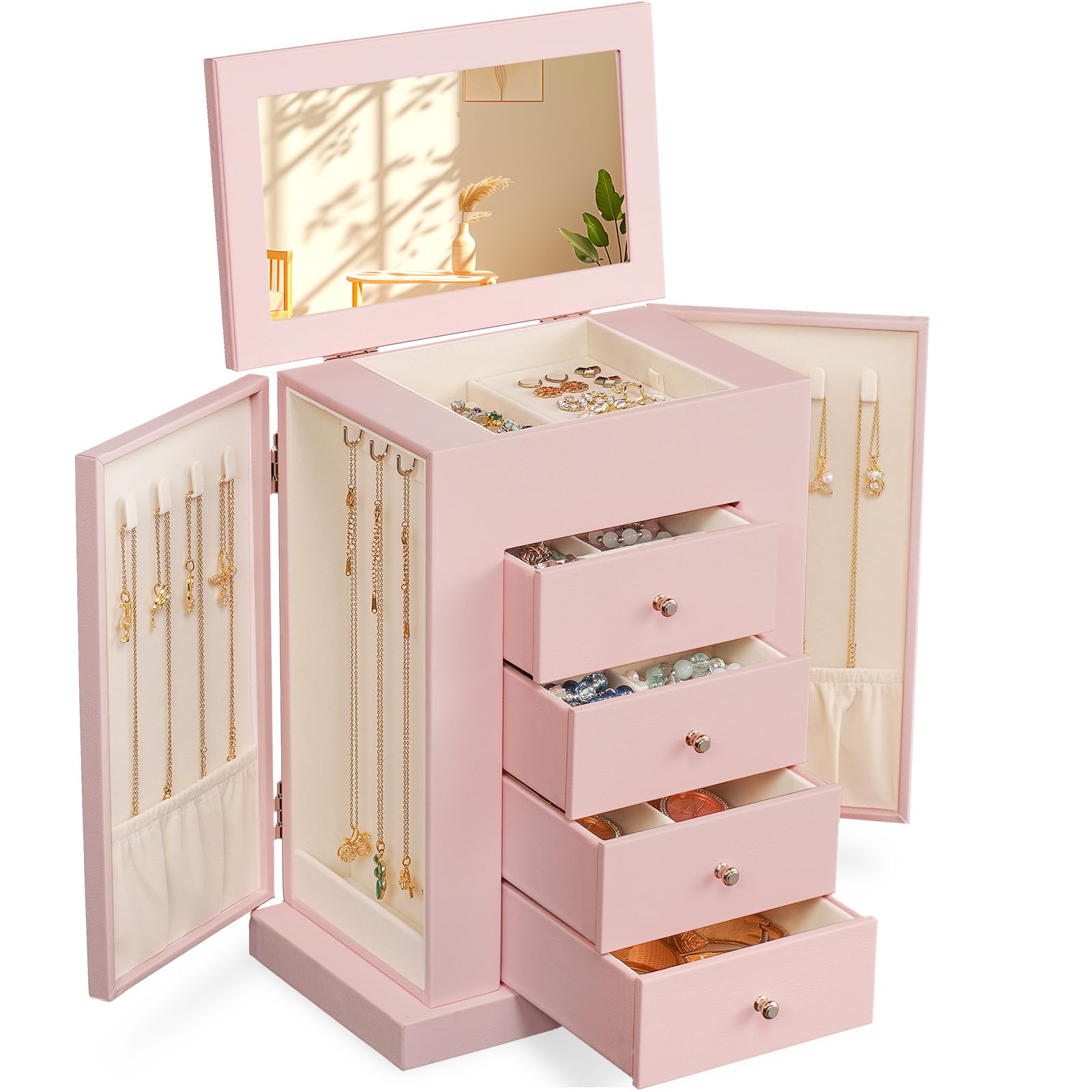 Emfogo Jewelry Boxes for Women 5-Layer Large Leather Jewelry Organizer Box with Mirror and Drawers Jewelry Storage for