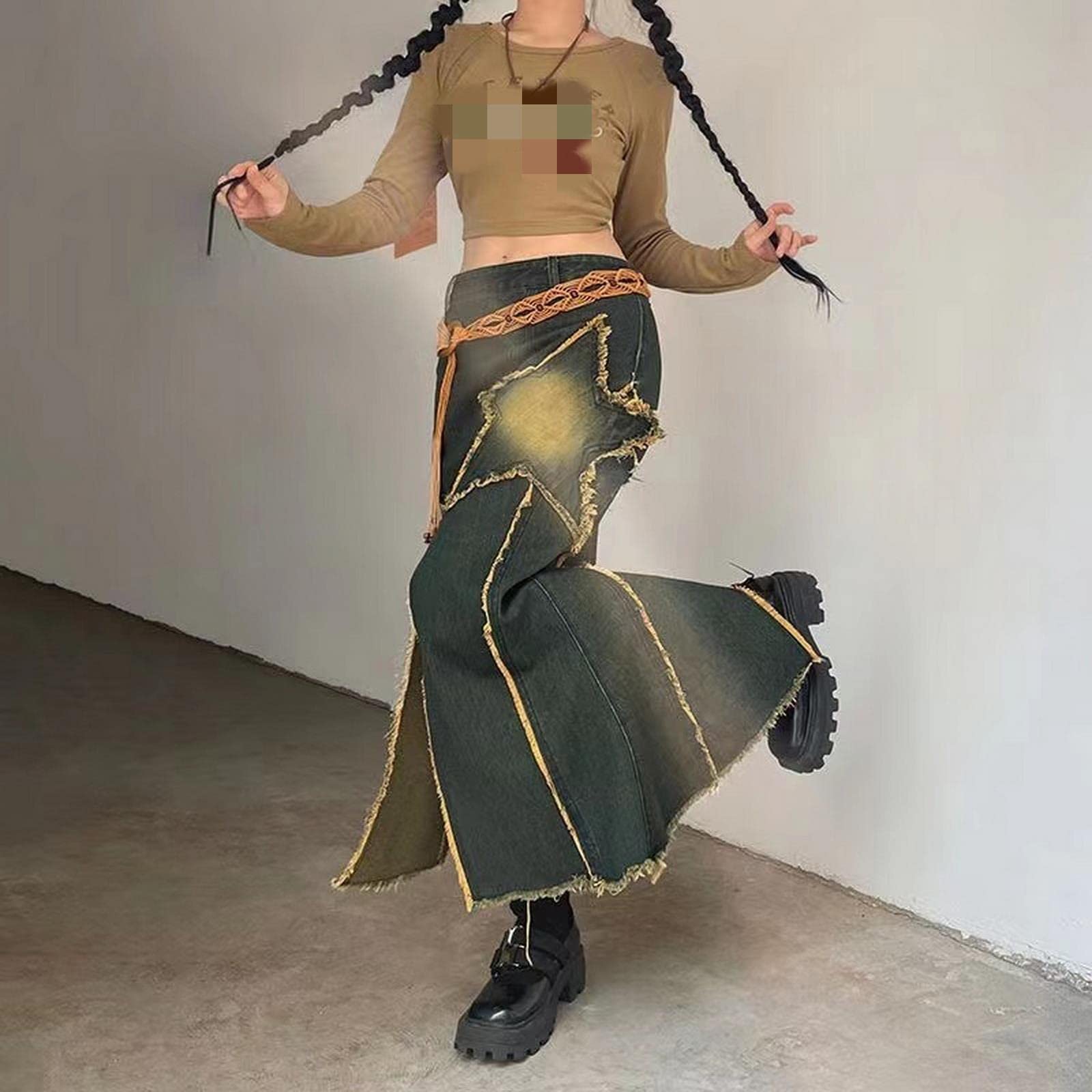 Langer Rock für Damen, Vintage, unregelmäßig, Stern, knielang, Denim, Midi-Rock, hohe Taille, gerade Maxi-Röcke, Blau / Gelb, 44