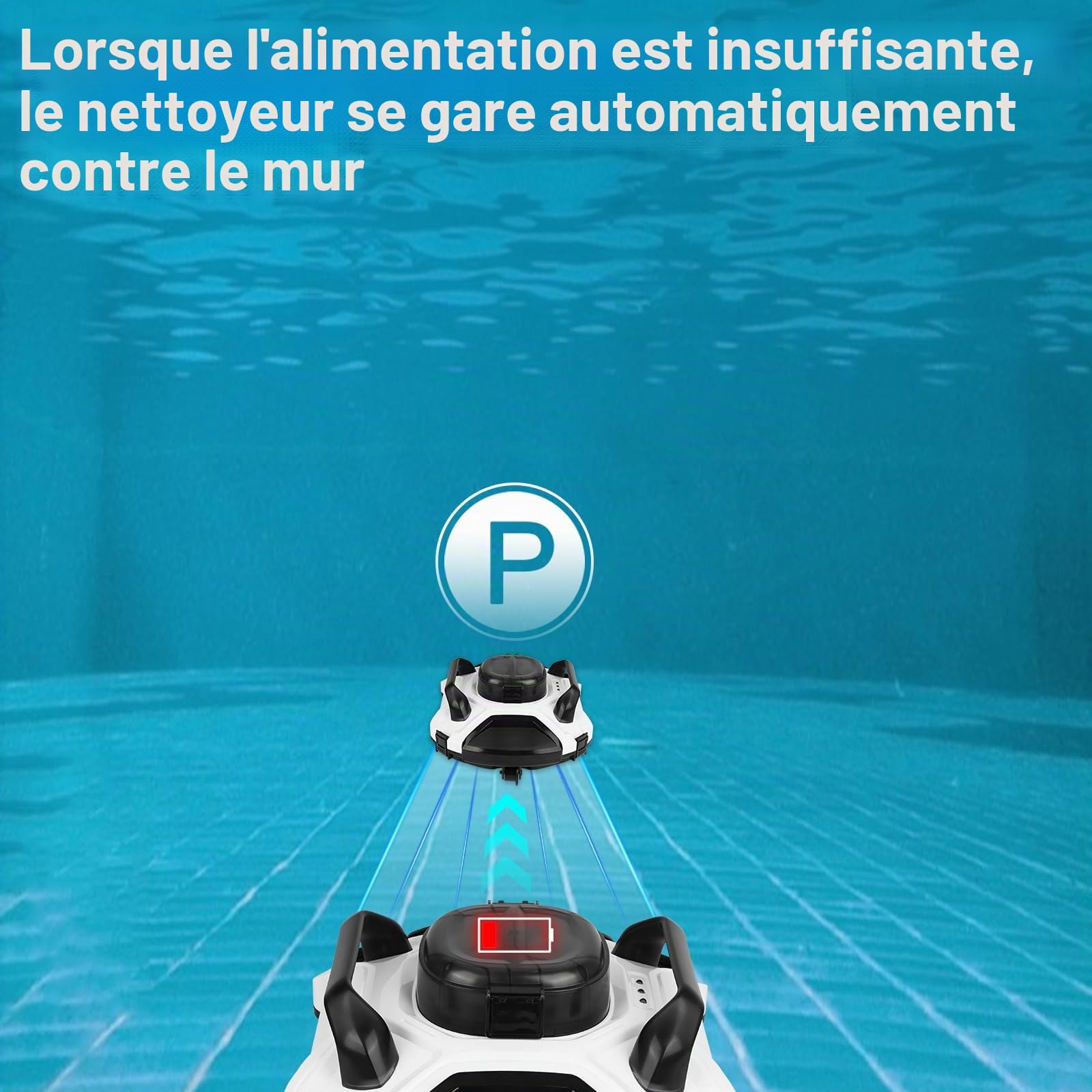 Robot Piscine Double Moteur, stationnement Auto, Batterie 5000mAh, 110min, Filtration 200μm, IPX8, idéal Fond Plat ≤85m²