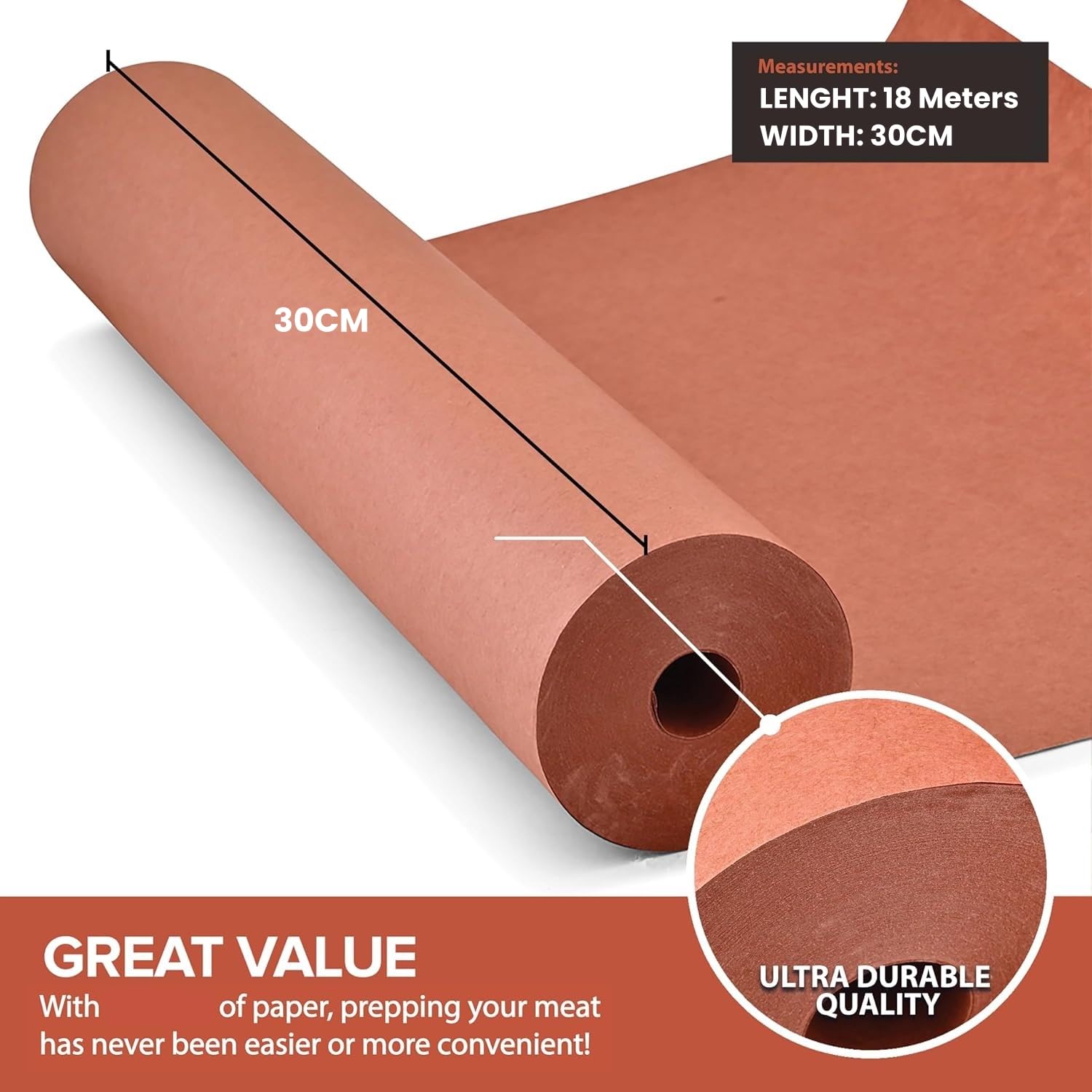 LATERN Rotolo di Carta da Macellaio, 30CM x 18M Carta Kraft per Uso Alimentare Non Sbiancata Non Cerata Non-Patinata Cartas da Macellaio per Affumicatore Barbecue Grigliate Affumicatura Cottura Carni