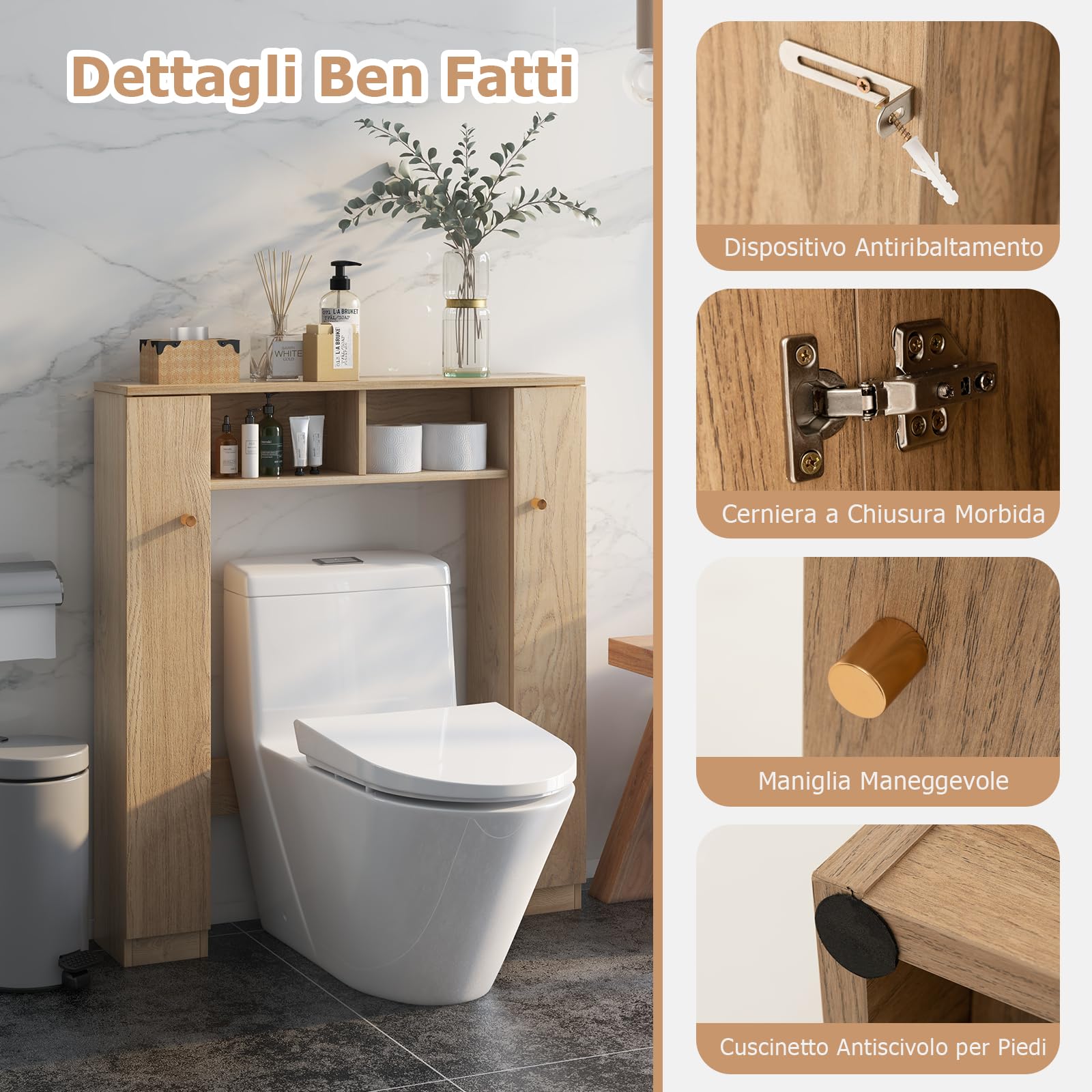 GYMAX Mobile Sopra il WC, Armadietto da Bagno Autoportante con Ante, 2 Scomparti Aperti e 4 Ripiani Regolabili, Scaffale Toilette Salvaspazio, Mobiletto da Terra, 87,5 x 18 x 98 cm (Naturale)