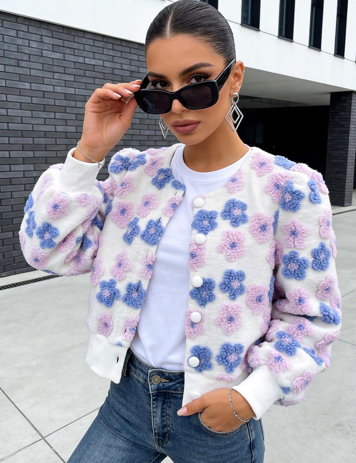 Flygo Women's Cropped Floral Print Bomber Jacket Warm Fleece Varsity Jacket Casual Button Down Puff Sleeve Coat Outerwear - Image 3