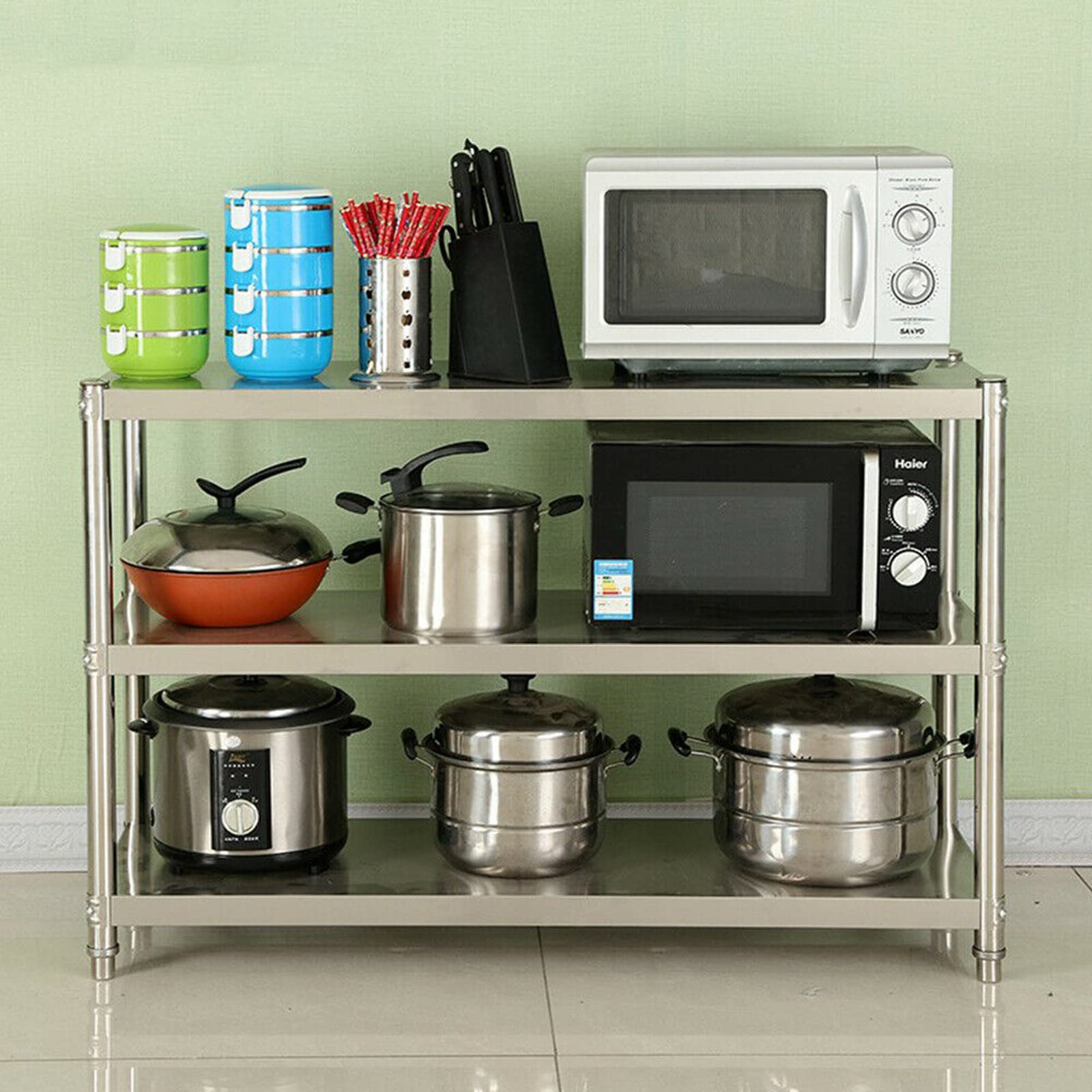 Roestvrijstalen rek met 3 planken, keukenrek, 80 x 80 x 40 cm, rek voor zware lasten tot 50 kg, voor gebruik in voorraadruimtes, gastronomie, keuken