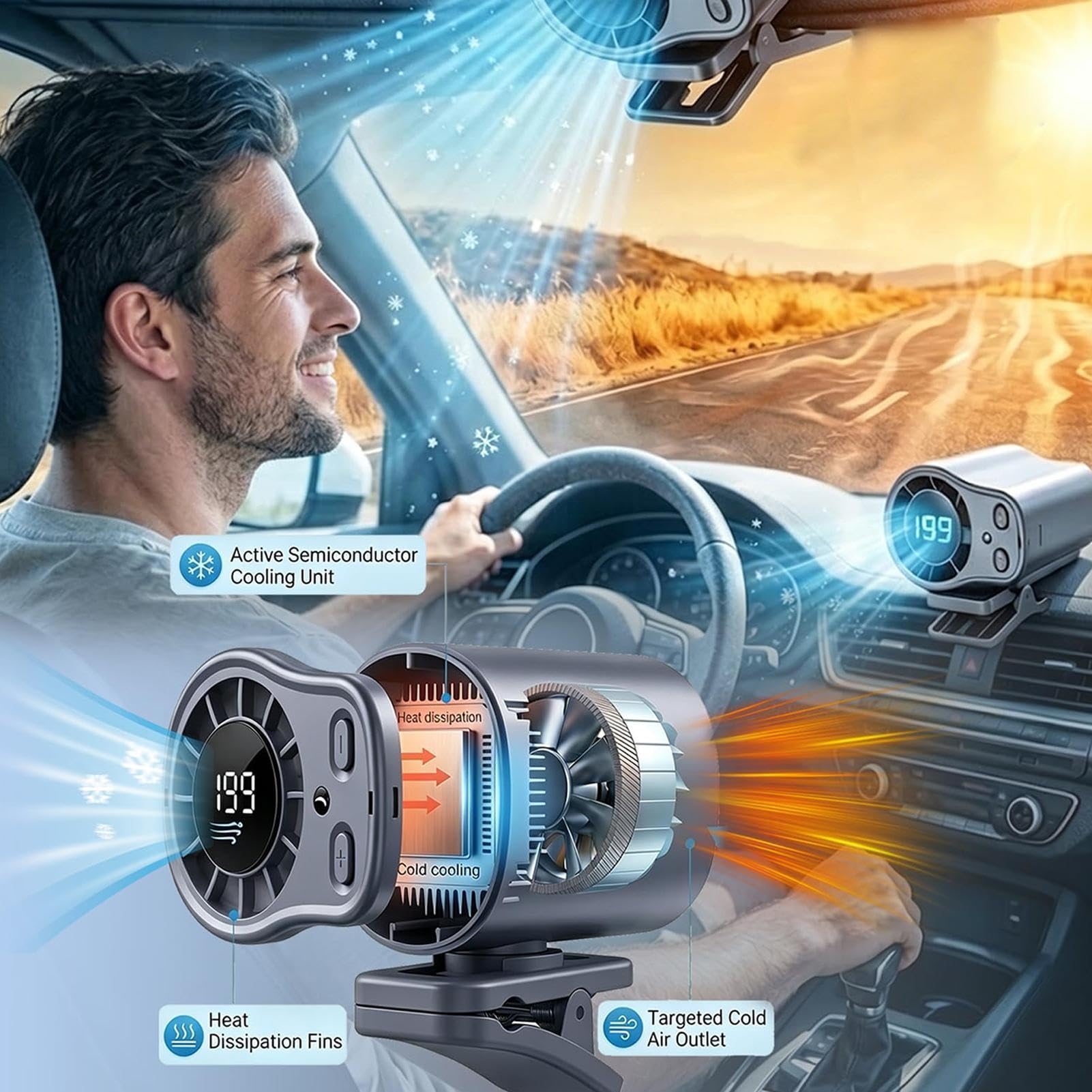 Auto-Clip-Lüfter, tragbares Kühlgerät, 12 V, geräuscharmer Luftzirkulator mit LED-Anzeige, verstellbare Klemmhalterung, Fahrzeugventilator, Kühl-Design-Einheit, Reisen, Camping, Roadtrip