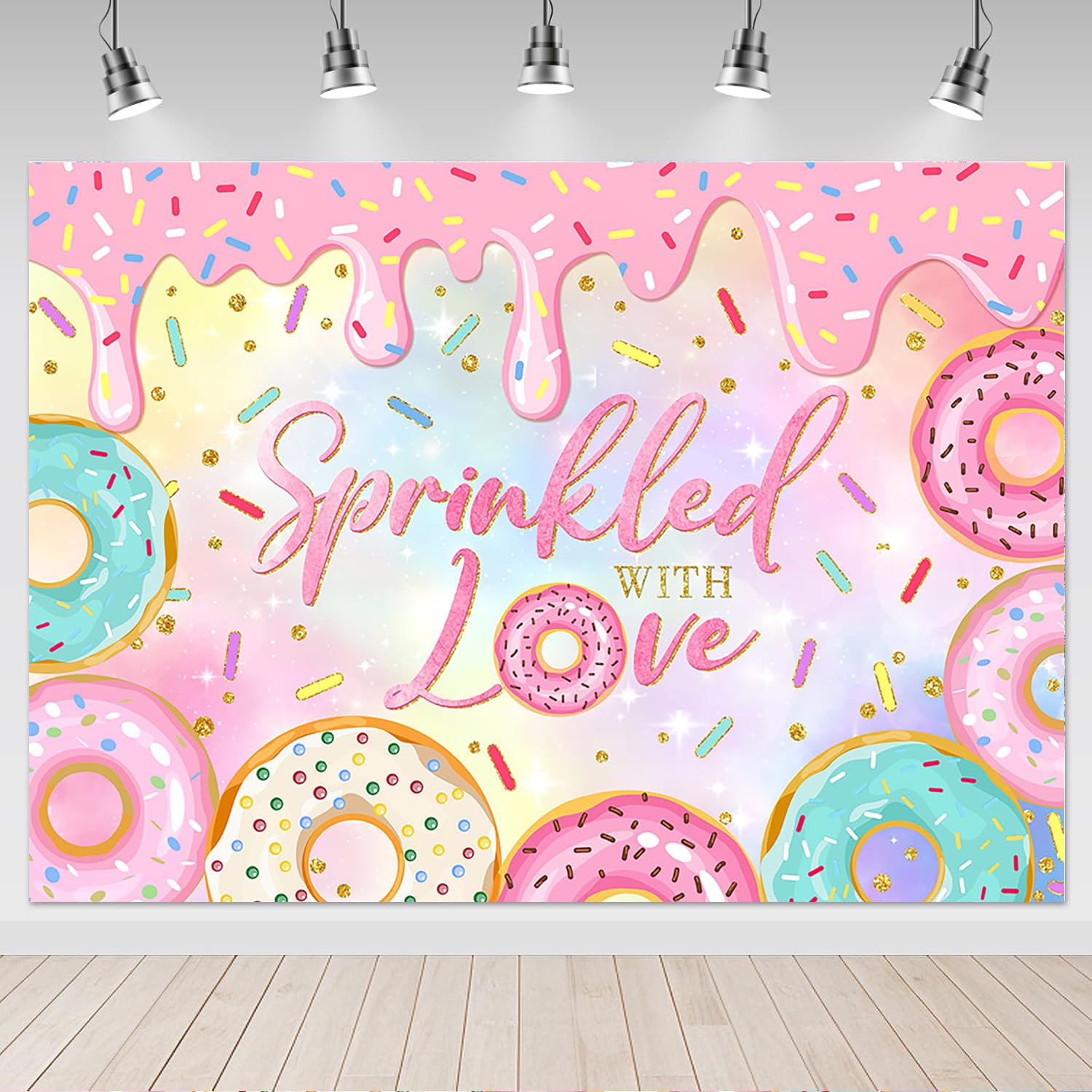Mocsicka Sprinkled with Love Donut Backdrop Pink Donut Girl Baby Sprinkle Background Donut Girl Baby Shower Party Cake Table Decoration Banner Photo