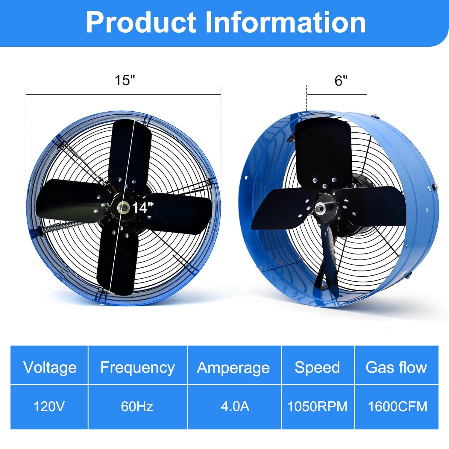 Attic Vent Fan with Adjustable Thermostat, 15" Gable Mount Ventilation Exhaust Fan 1600 CFM, 1050 RPM, 2400 SQ. FT. Attic Ventilator Blue for Gable, Shed, Home,Garages
