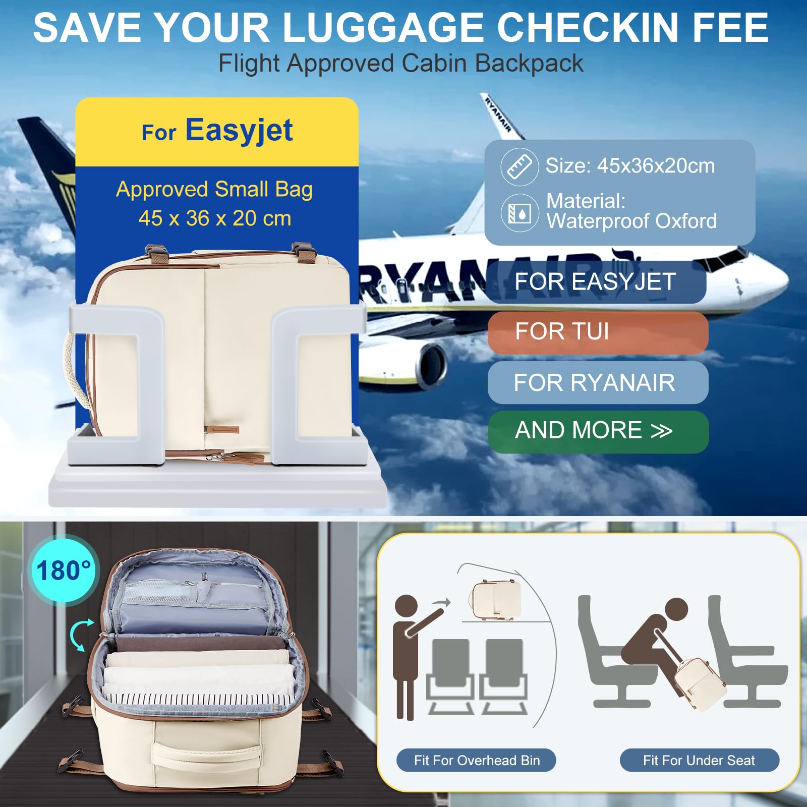 SZLX Zaino Ryanair 40x20x25 Bagaglio a Mano zaino Borse da Cabina per Easyjet 45x36x20 Zaino da Viaggio donna con porta ricarica USB, Borsa da Viaggio aereo Zaino Computer Impermeabile Casual Daypack