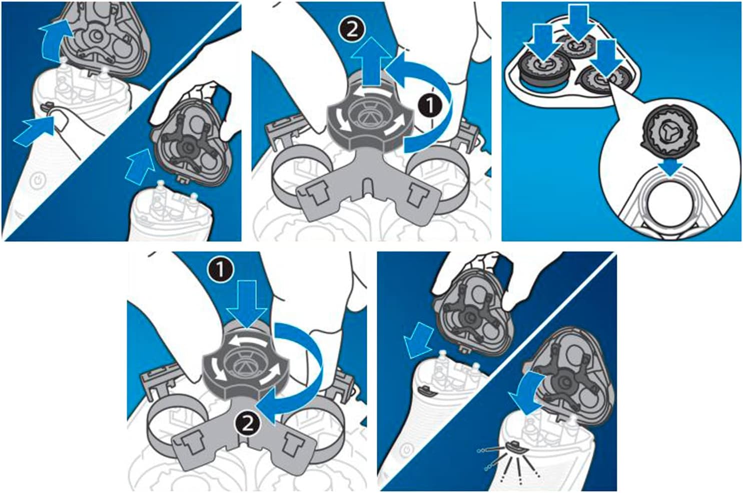 Step-by-step visual guide for replacing Philips shaver heads.