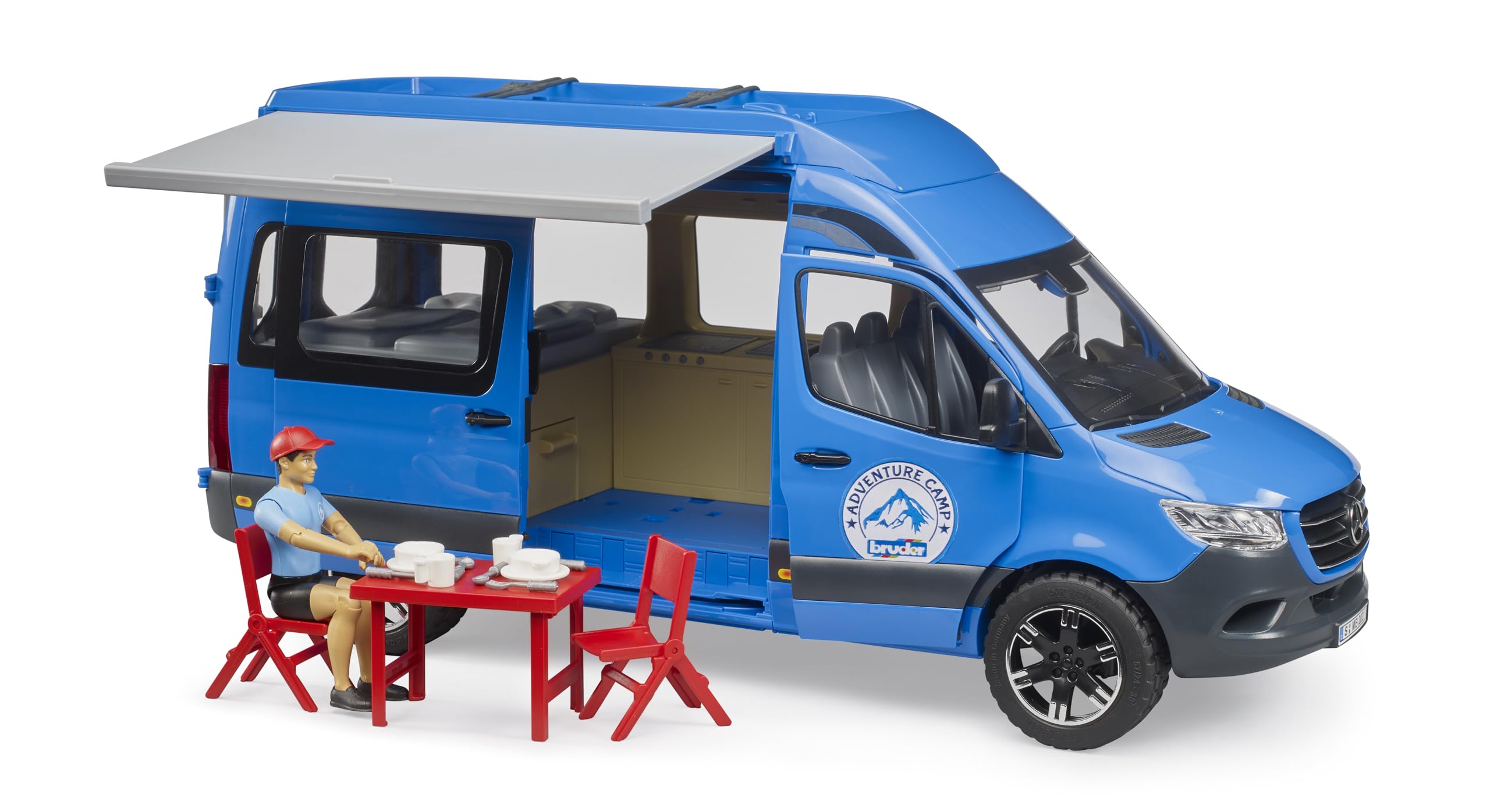 bruder 02684 - MB Sprinter Camper mit Fahrer - 1:16, Fahrzeug, Wohnmobil, Reisemobil, Transporter, Camper, Van, Campingbus, Spielzeug ab 4 Jahre, Blau