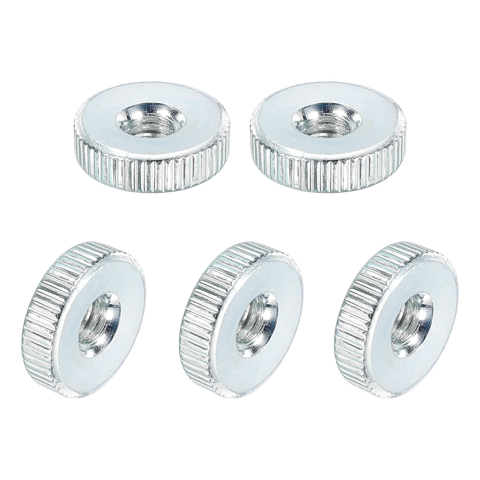 QUARKZMAN Dadi Zigrinati, Filettatura Femmina Tipo Sottile M4, Dado Zigrinato Acciaio Carbonio Zincato Testa Piana con Foro Passante per Bloccaggio Dadi Regolazione Stampante 3D, 5Pz
