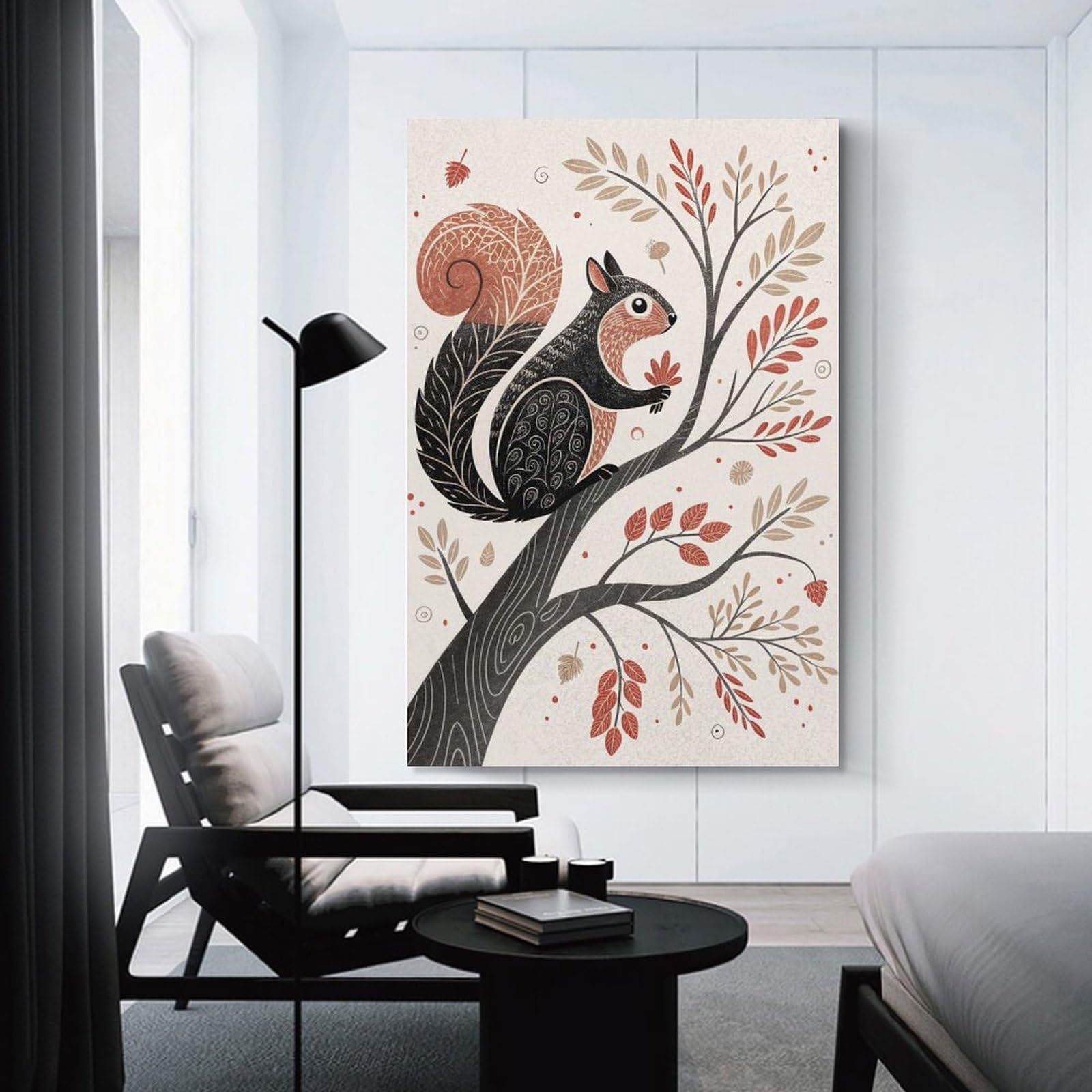 Junmoney Stylized Squirrel in Autumn Tree Wall Art Print, 24x36inch(60x90cm), for Bedroom Decor, Cosy Corners Or Studios, Decorative Wall Art for Cosy Rooms