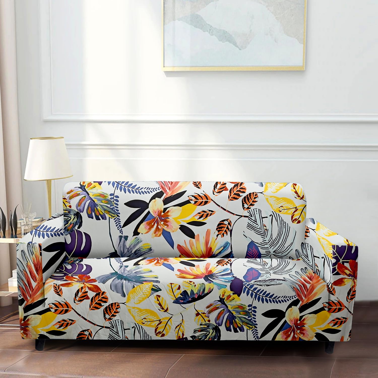 Cortina Three Seater Sofa Cover, Polyster Spandex Stretchable Elastic Sofacover, Printed Design (Yellow)-image-45